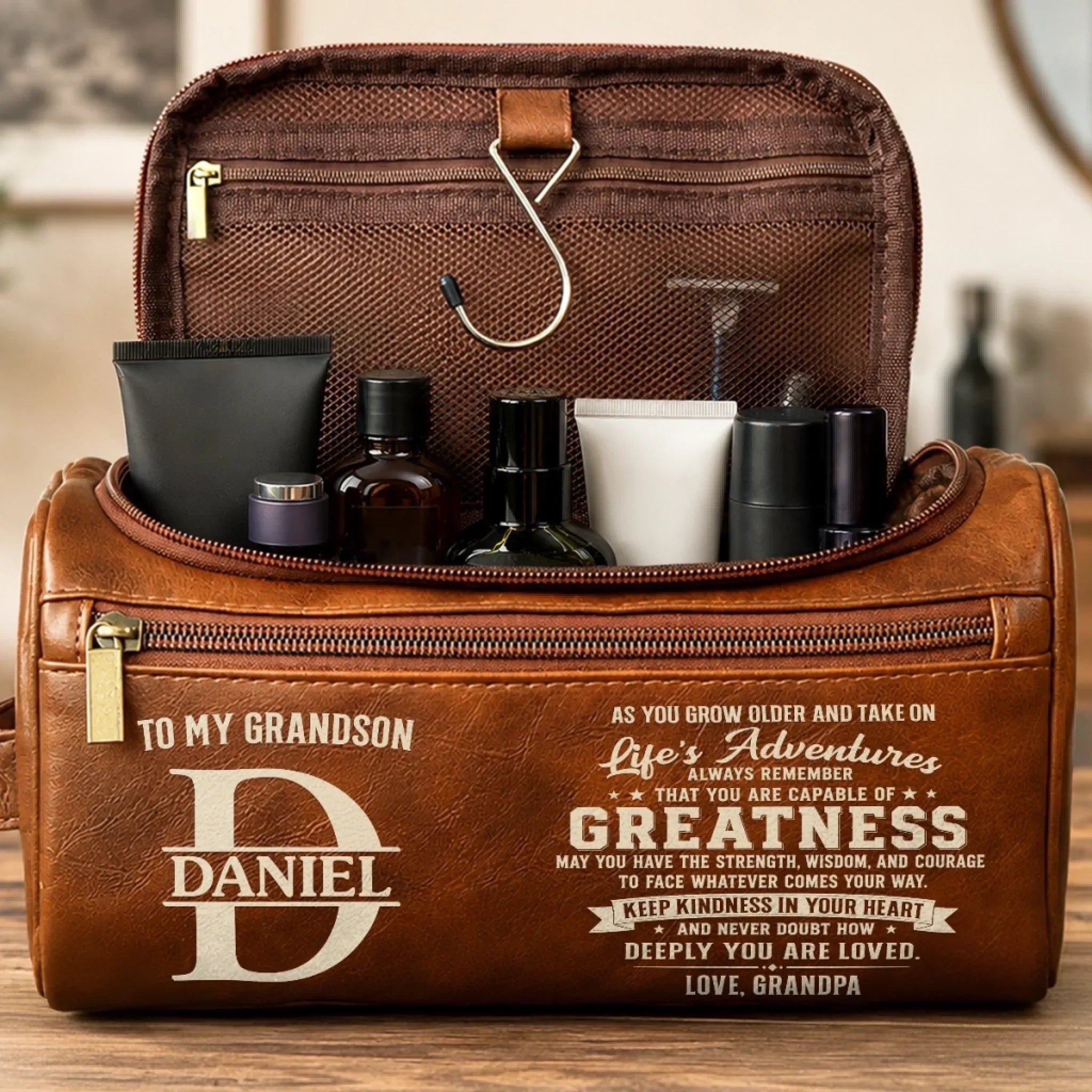 Custom Leather Toiletry Bag - Personalized Birthday Gifts For Grandson - Keep Kindness In Your Heart