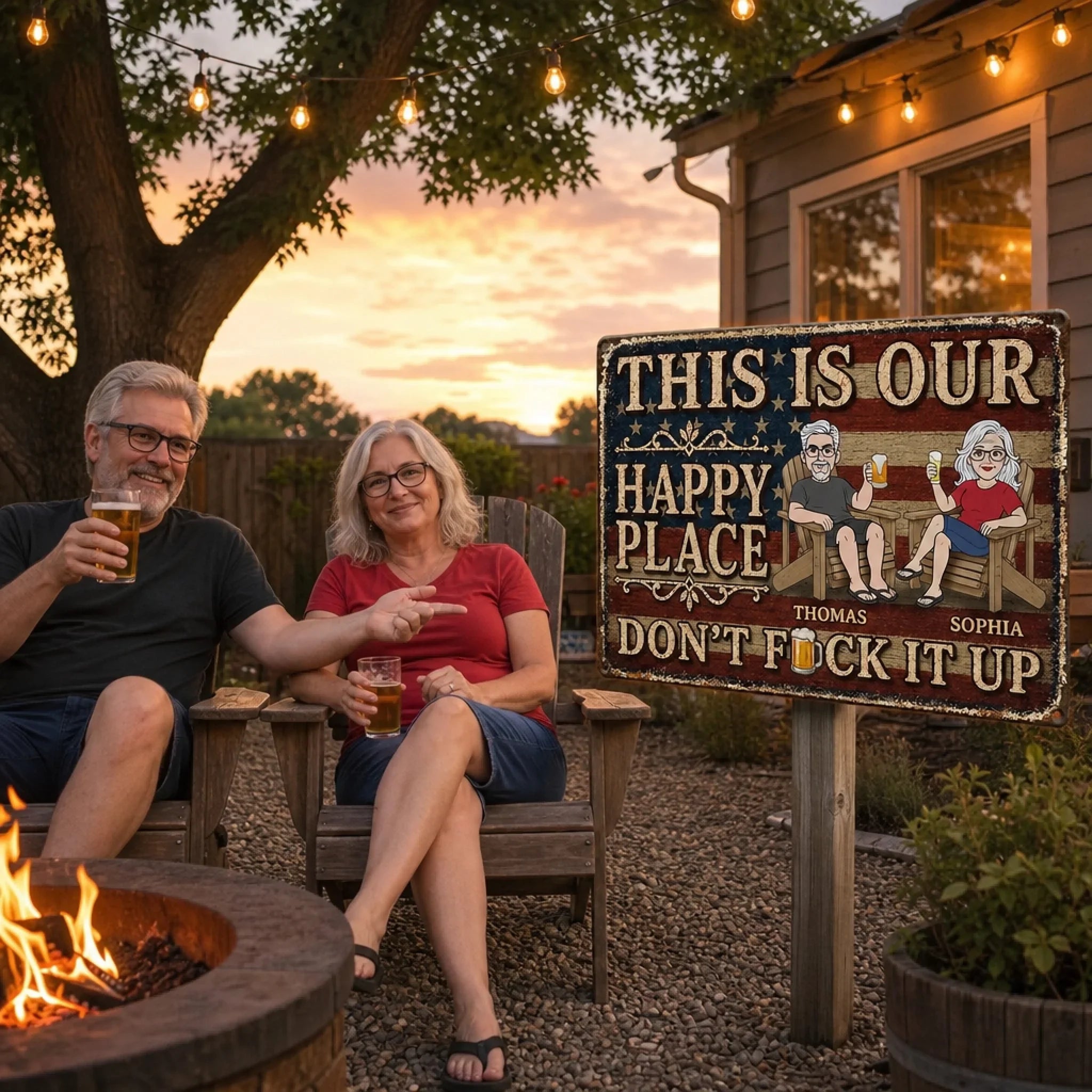 Custom Home Decor Metal Sign - Personalized Summer Vacation And Travel Gifts For Husband And Wife, Him And Her - Our Patriotic Happy Place