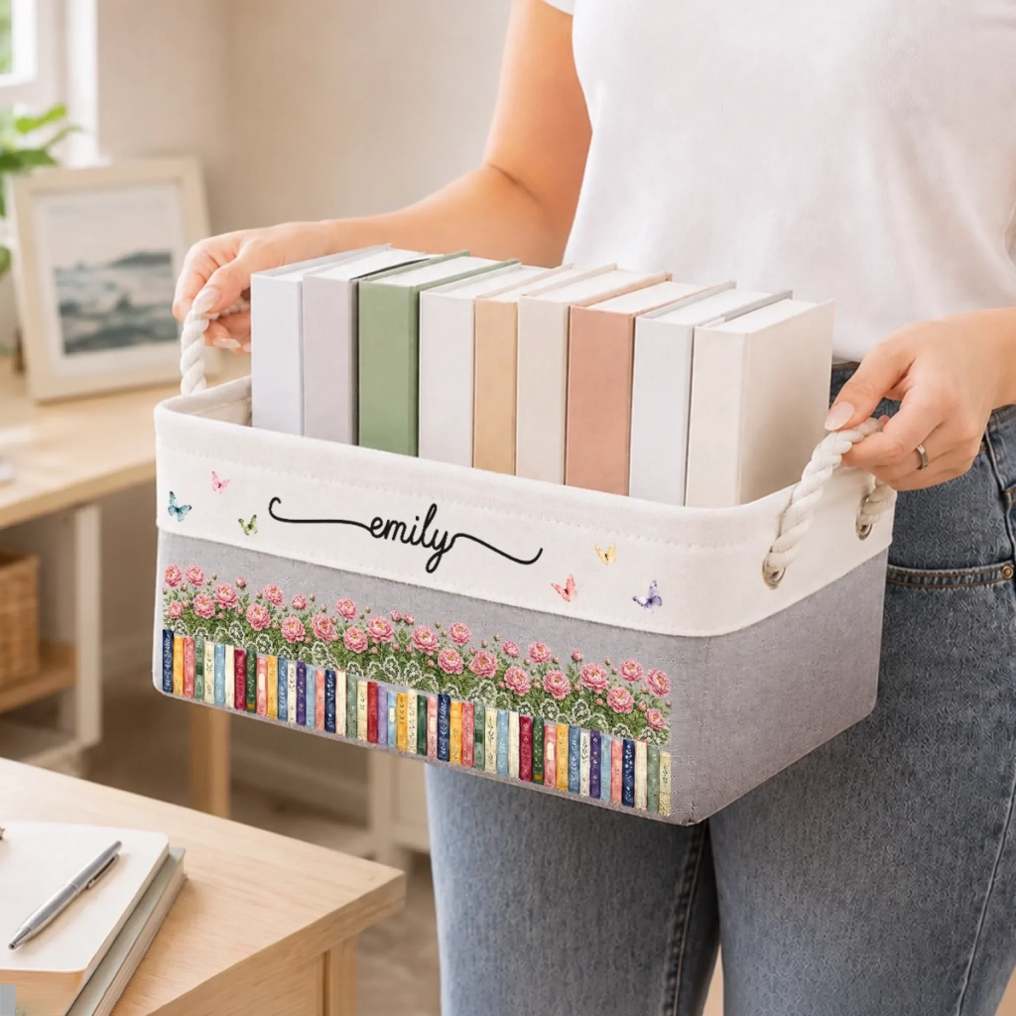 Custom Storage Basket - Personalized Bookish Gifts For Book Lovers, Bookworms, Readers - Bloom With Grace