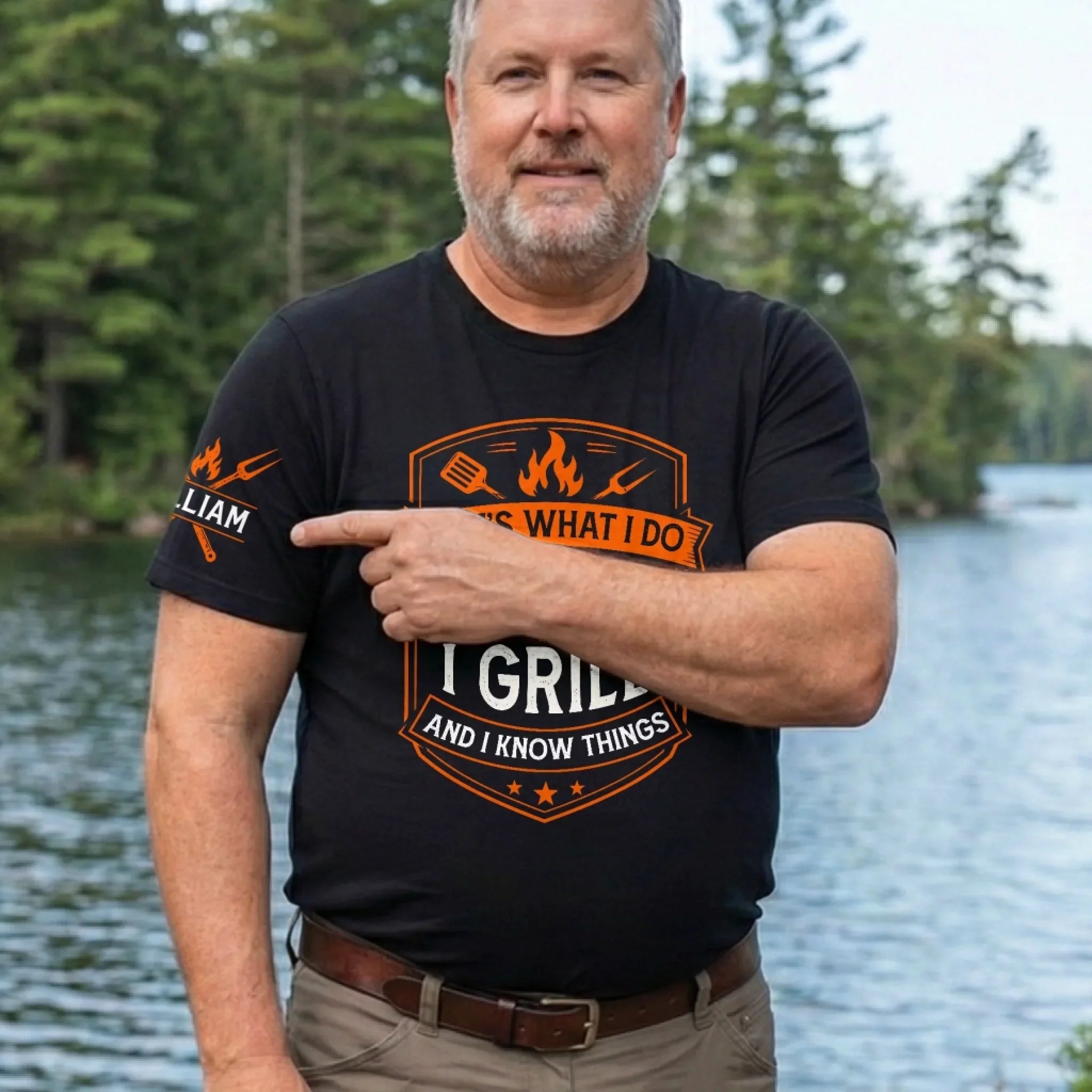 Custom BBQ Unisex T-Shirt With Design On Sleeve - Personalized Grilling Gifts For BBQ Lovers, Husband, Son, Grandson, Brother, Grandpa, Dad, Yourself - Grill Master Mode
