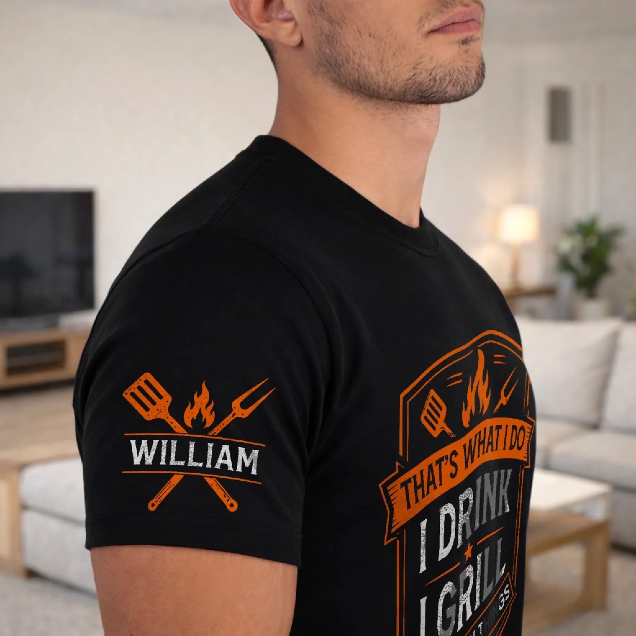 Custom BBQ Unisex T-Shirt With Design On Sleeve - Personalized Grilling Gifts For BBQ Lovers, Husband, Son, Grandson, Brother, Grandpa, Dad, Yourself - Grill Master Mode