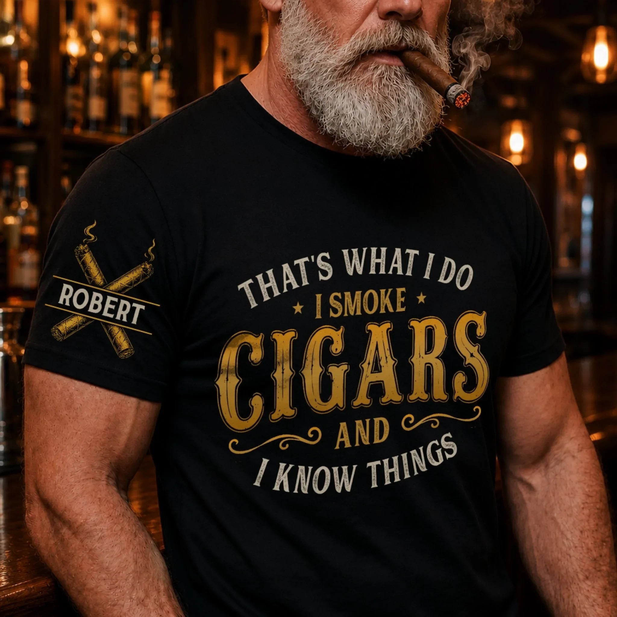 Custom Cigar Unisex T-Shirt With Design On Sleeve - Personalized Birthday Gifts For Husband, Son, Grandson, Brother, Grandpa, Dad, Yourself - Smoke And Unwind