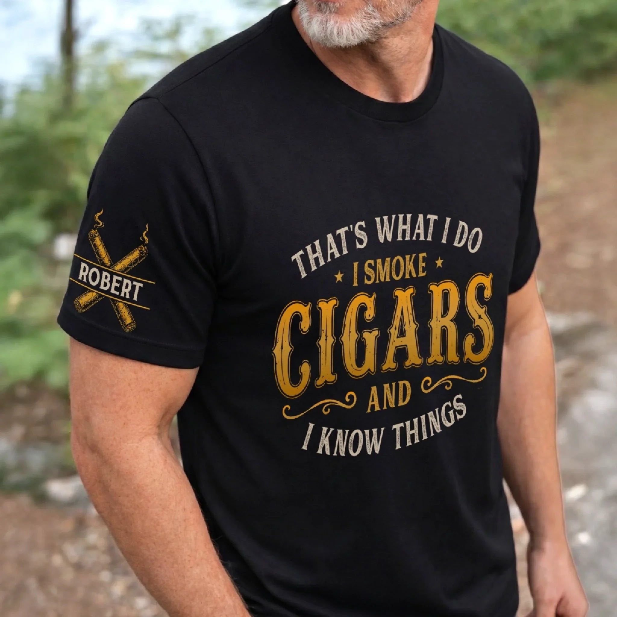 Custom Cigar Unisex T-Shirt With Design On Sleeve - Personalized Birthday Gifts For Husband, Son, Grandson, Brother, Grandpa, Dad, Yourself - Smoke And Unwind
