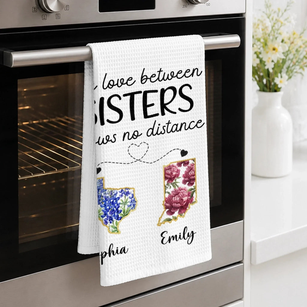 Custom Long Distance Kitchen Towel - Personalized Best Friend Birthday Gifts For Women, Besties, Sisters, BFF - Partners In Fun