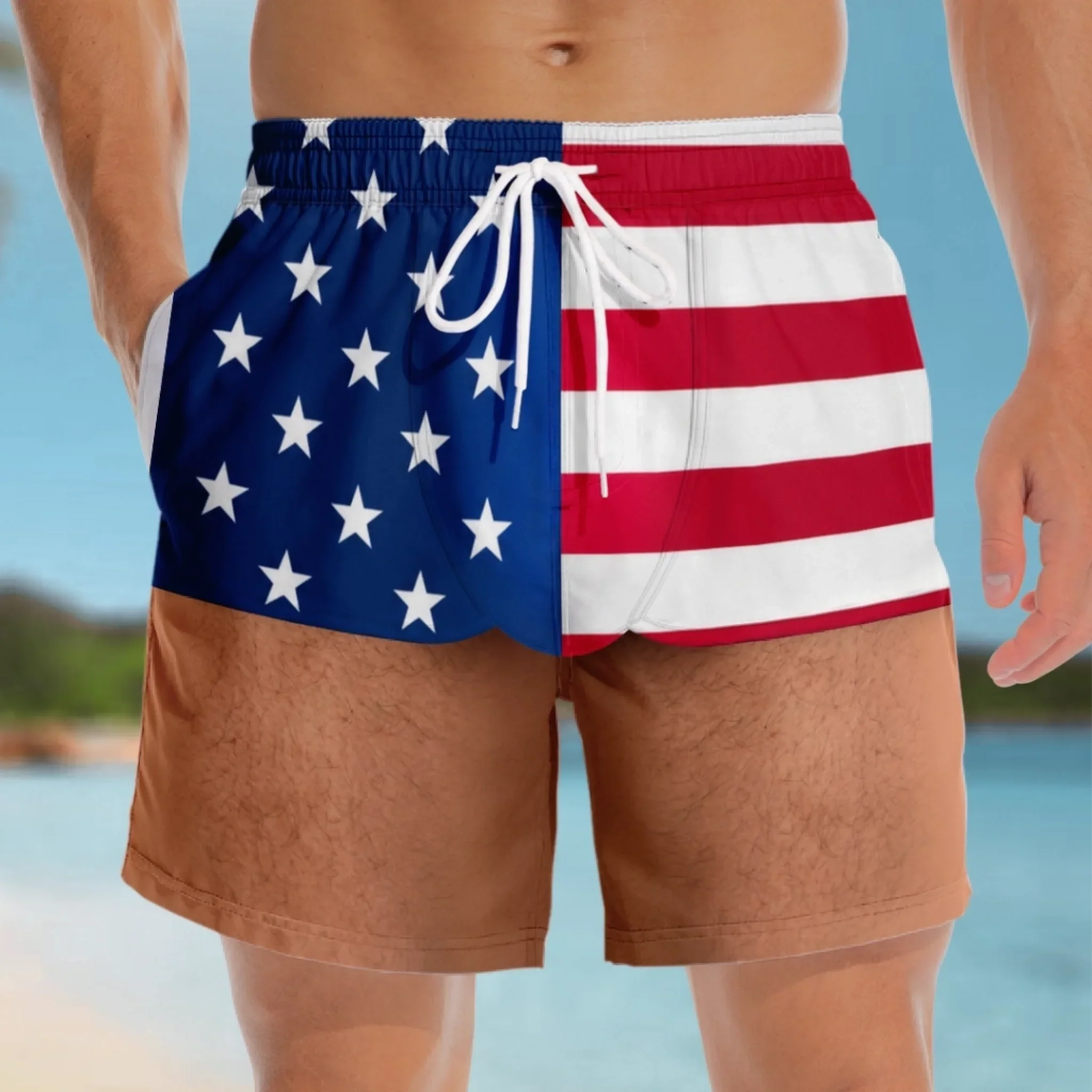 Custom Funny Patriotic Men Swim Trunks - Personalized Birthday Gifts For Husband, Son, Grandson, Brother, Grandpa, Dad, Yourself - Look Twice