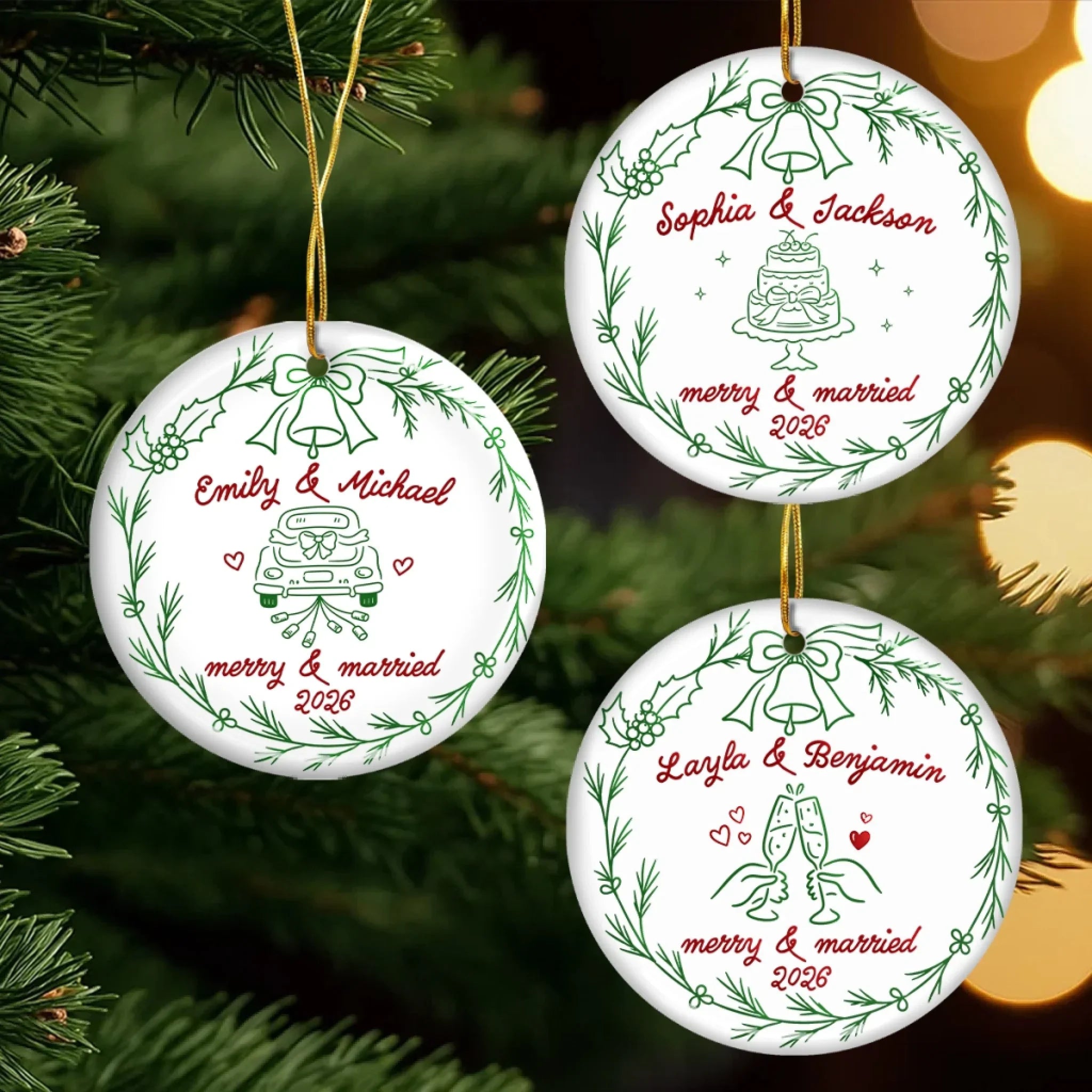 Custom First Christmas Ceramic Ornament - Personalized Anniversary Christmas Wedding Gifts For Husband And Wife, Him And Her - Married And Merry