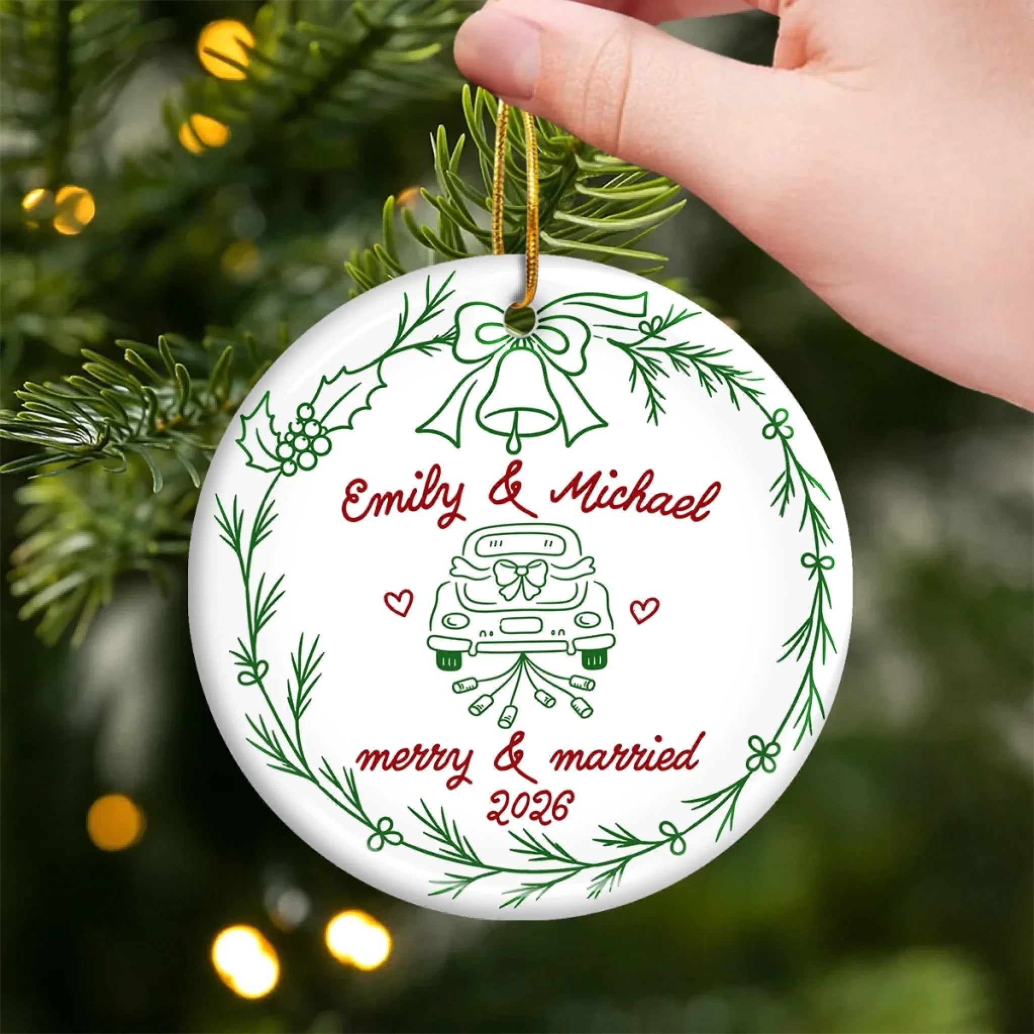 Custom First Christmas Ceramic Ornament - Personalized Anniversary Christmas Wedding Gifts For Husband And Wife, Him And Her - Married And Merry