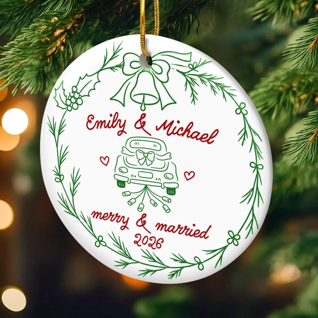 Custom First Christmas Ceramic Ornament - Personalized Anniversary Christmas Wedding Gifts For Husband And Wife, Him And Her - Married And Merry