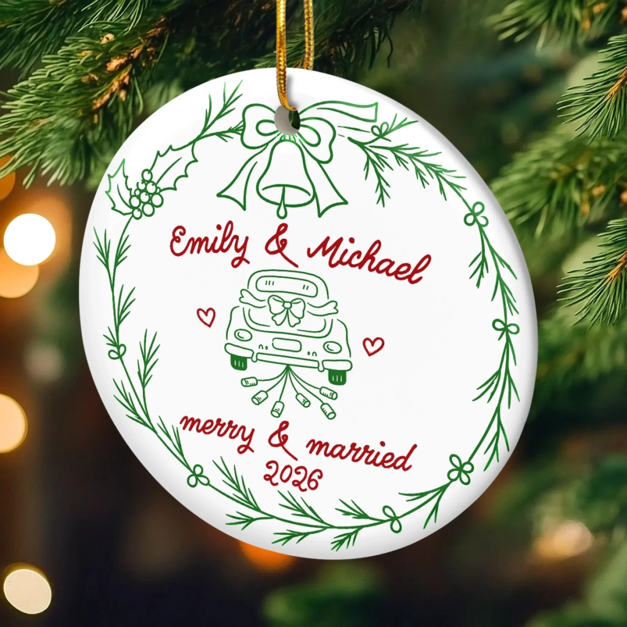 Custom First Christmas Ceramic Ornament - Personalized Anniversary Christmas Wedding Gifts For Husband And Wife, Him And Her - Married And Merry