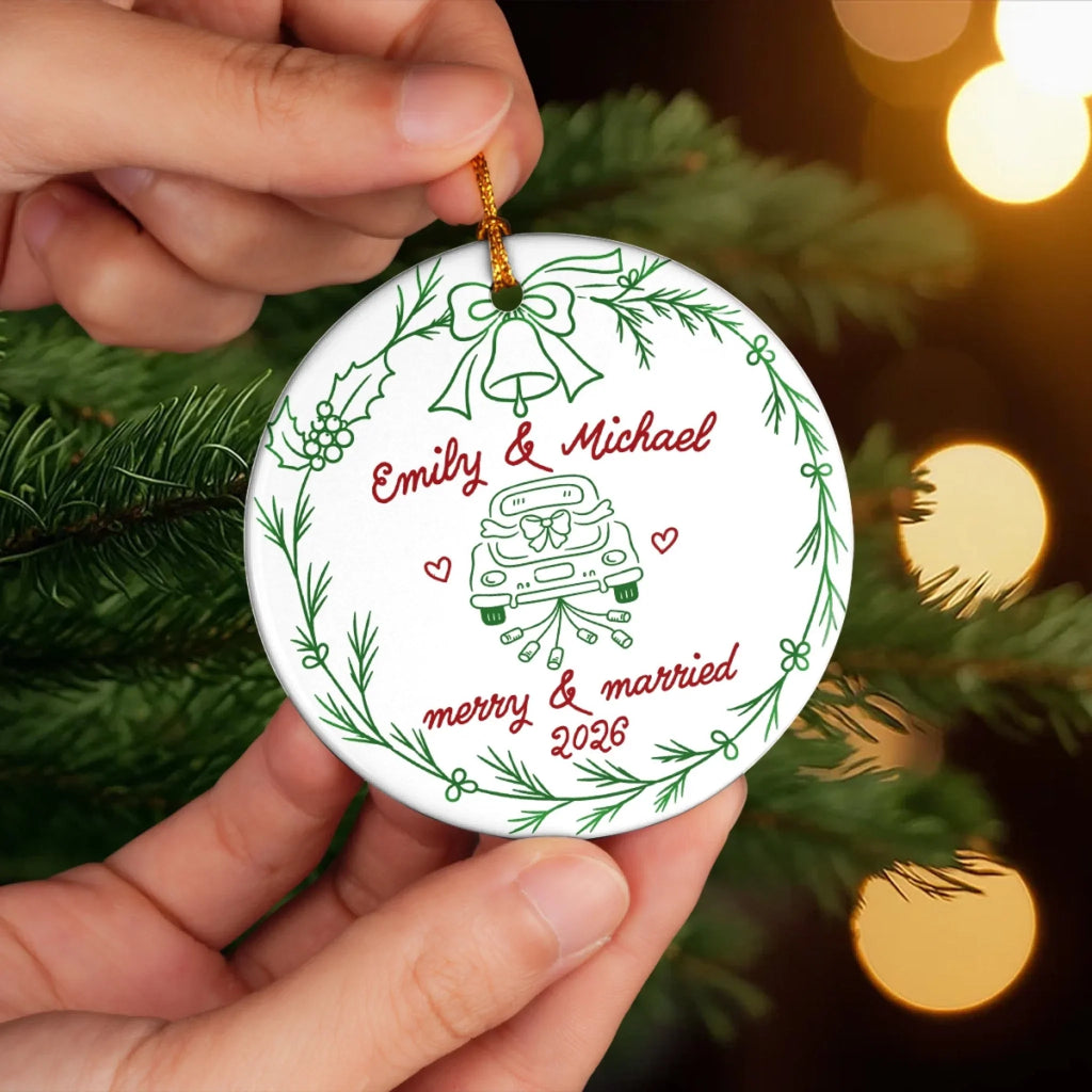 Custom First Christmas Ceramic Ornament - Personalized Anniversary Christmas Wedding Gifts For Husband And Wife, Him And Her - Married And Merry