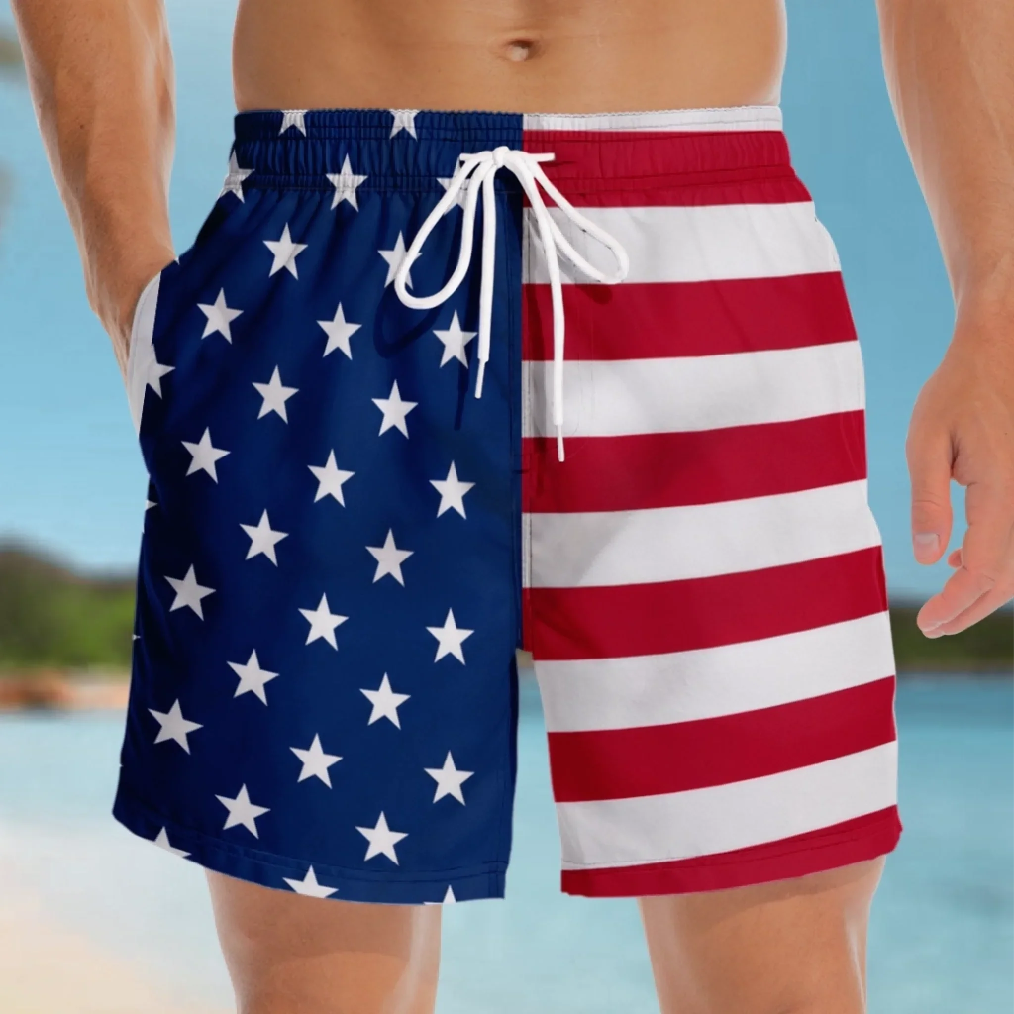 Custom Funny Patriotic Men Swim Trunks - Personalized Birthday Gifts For Husband, Son, Grandson, Brother, Grandpa, Dad, Yourself - Fake It From Behind
