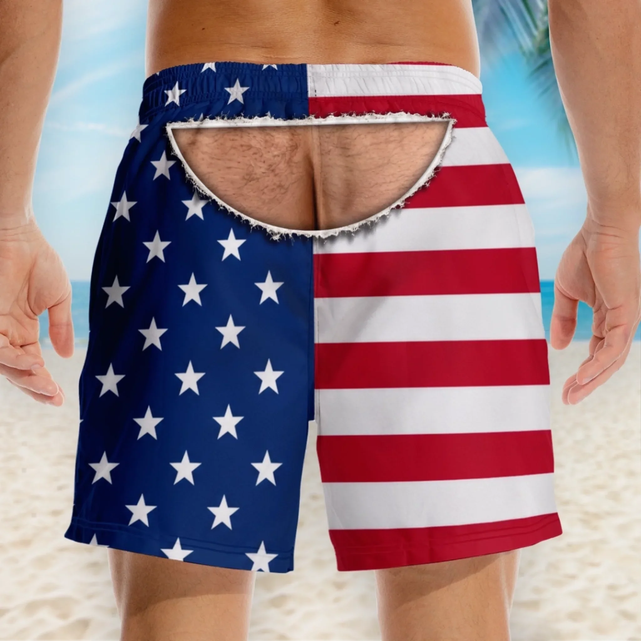 Custom Funny Patriotic Men Swim Trunks - Personalized Birthday Gifts For Husband, Son, Grandson, Brother, Grandpa, Dad, Yourself - Fake It From Behind