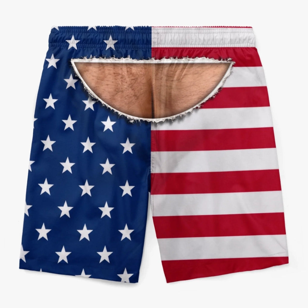 Custom Funny Patriotic Men Swim Trunks - Personalized Birthday Gifts For Husband, Son, Grandson, Brother, Grandpa, Dad, Yourself - Fake It From Behind