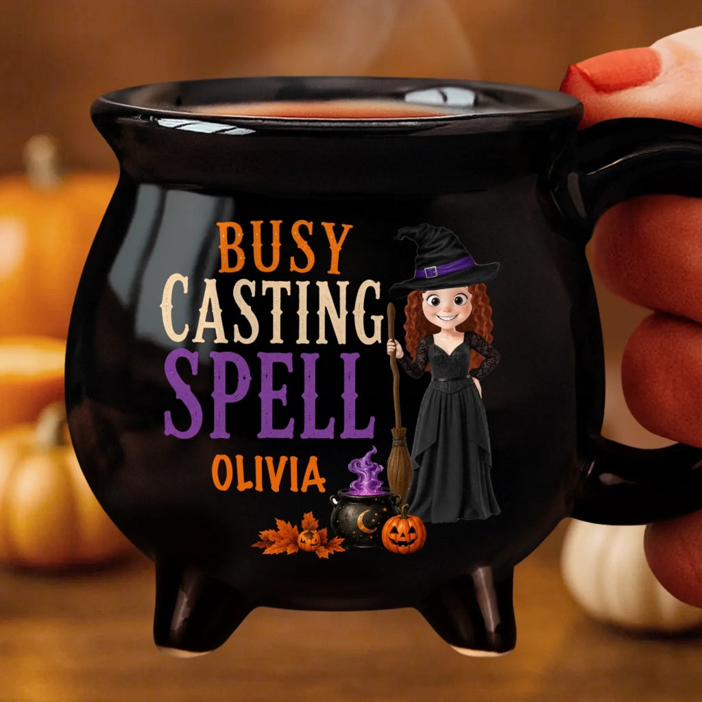 Custom 12oz Ceramic Cauldron Coffee Mug - Personalized Halloween Witchy Gifts For Wife, Daughter, Besties, Sisters, Granddaughter, Grandma, Mom, Yourself - Busy Brewing Up Some Magic