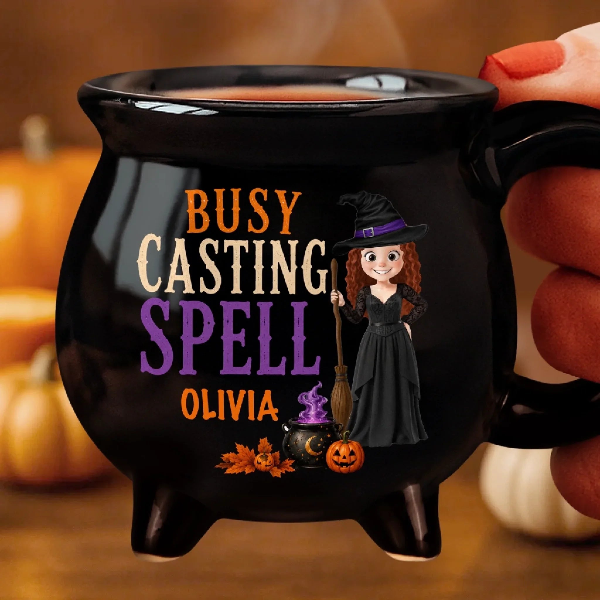 Custom 12oz Ceramic Cauldron Coffee Mug - Personalized Halloween Witchy Gifts For Wife, Daughter, Besties, Sisters, Granddaughter, Grandma, Mom, Yourself - Busy Brewing Up Some Magic