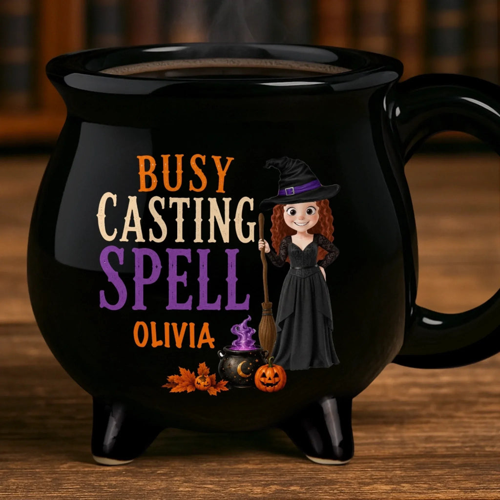 Custom 12oz Ceramic Cauldron Coffee Mug - Personalized Halloween Witchy Gifts For Wife, Daughter, Besties, Sisters, Granddaughter, Grandma, Mom, Yourself - Busy Brewing Up Some Magic
