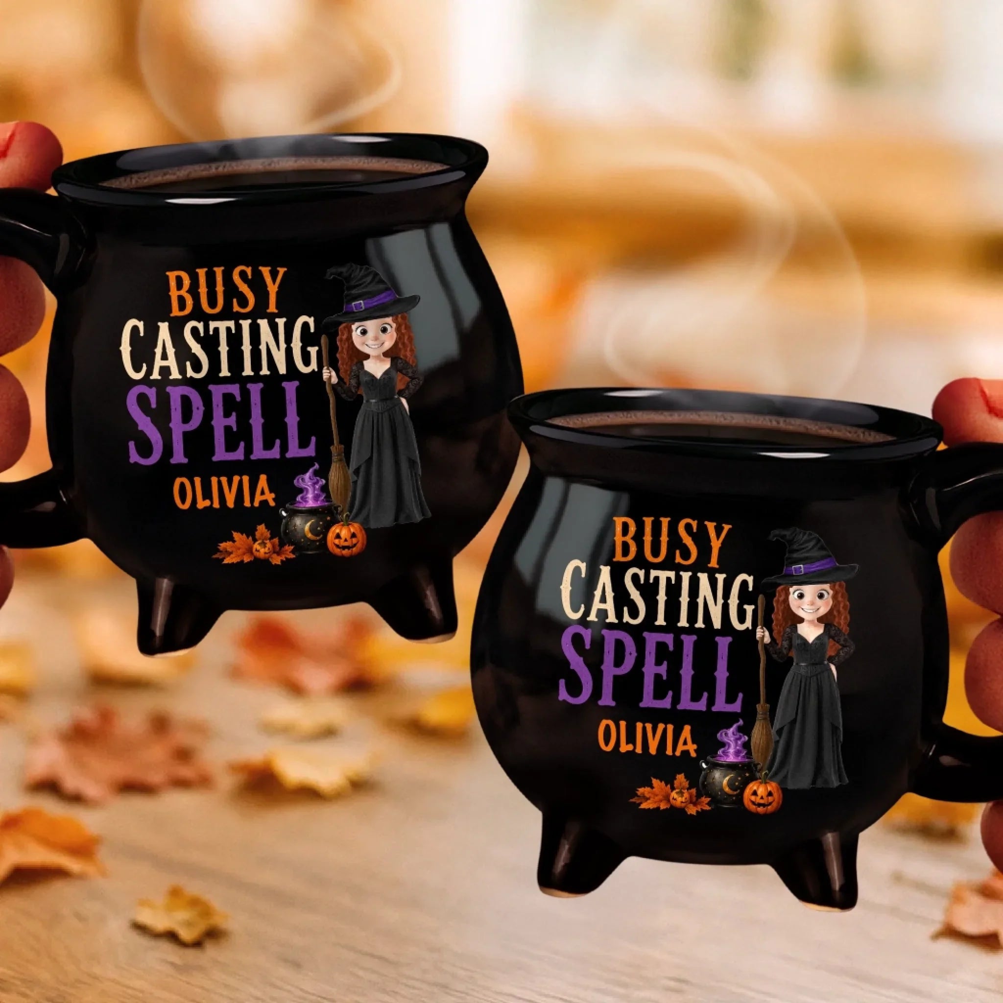 Custom 12oz Ceramic Cauldron Coffee Mug - Personalized Halloween Witchy Gifts For Wife, Daughter, Besties, Sisters, Granddaughter, Grandma, Mom, Yourself - Busy Brewing Up Some Magic