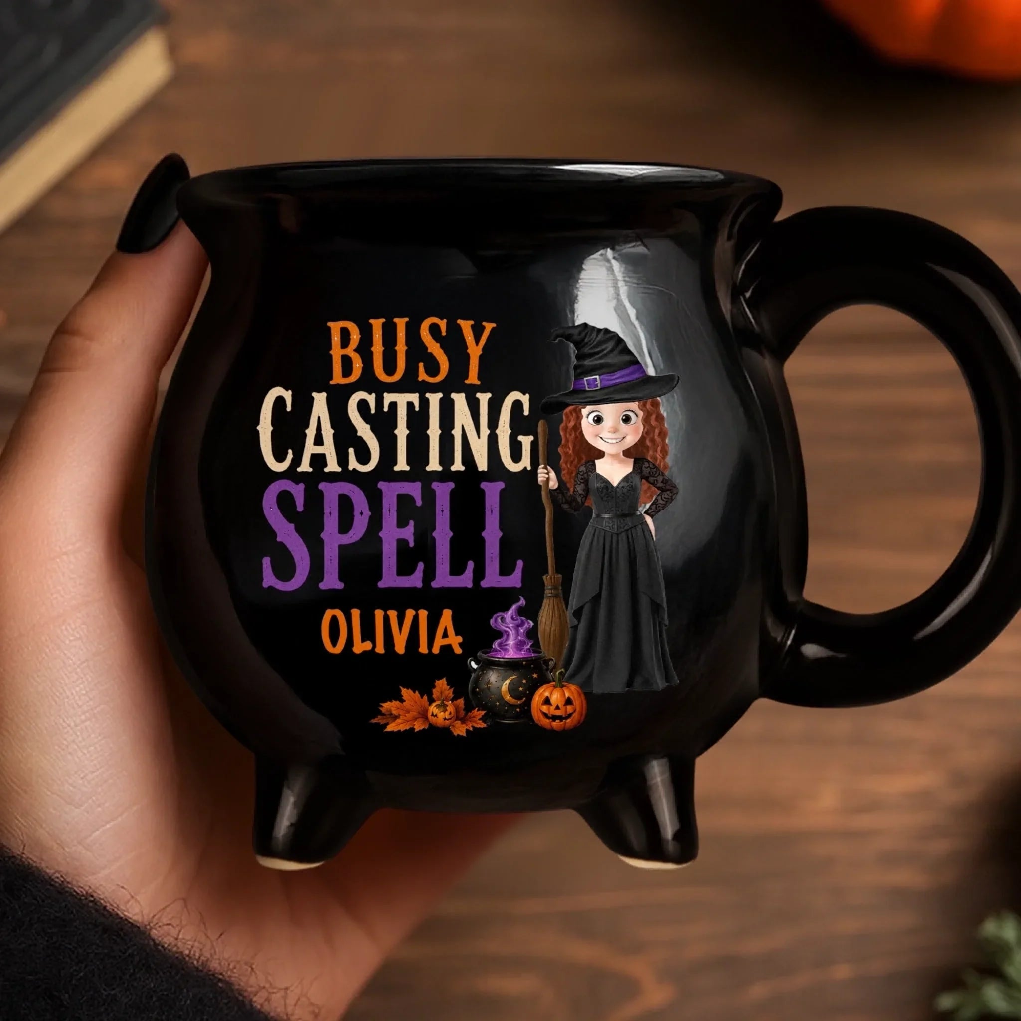 Custom 12oz Ceramic Cauldron Coffee Mug - Personalized Halloween Witchy Gifts For Wife, Daughter, Besties, Sisters, Granddaughter, Grandma, Mom, Yourself - Busy Brewing Up Some Magic