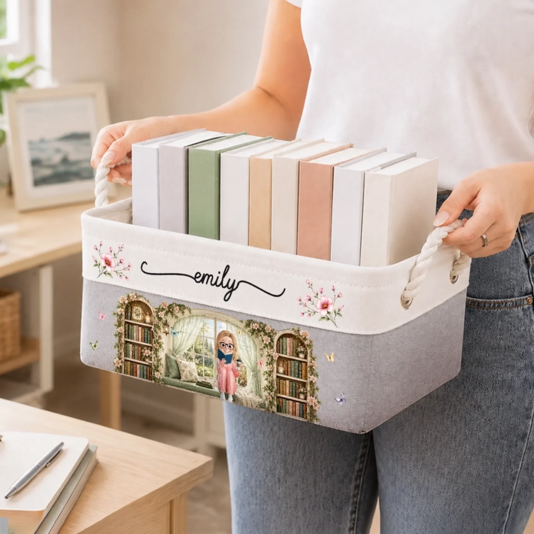 Custom Storage Basket - Personalized Bookish Gifts For Book Lovers, Bookworms, Readers - Happiness Is A Room Full Of Books