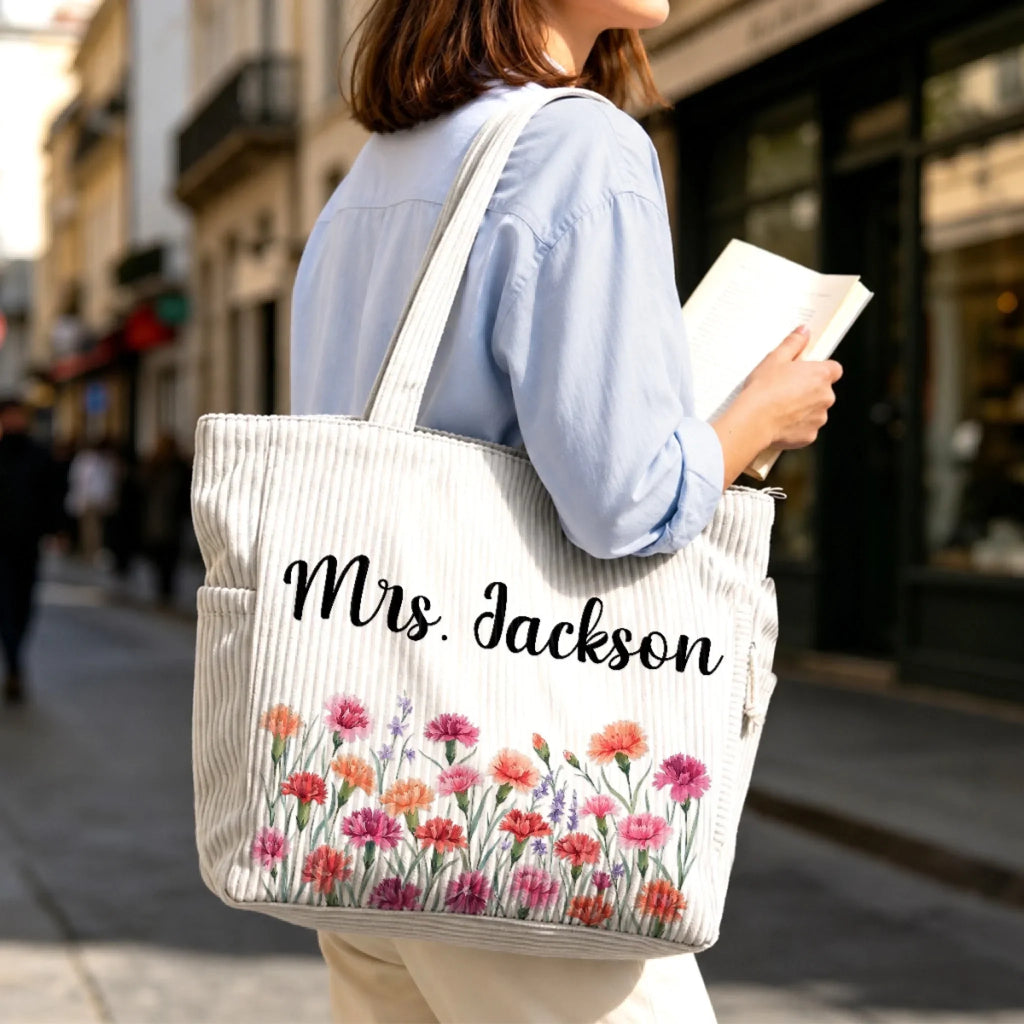 Custom Corduroy Tote Bag - Personalized Teacher Appreciation, Back To School Gifts For Teachers - Beautiful Growth In Every Lesson