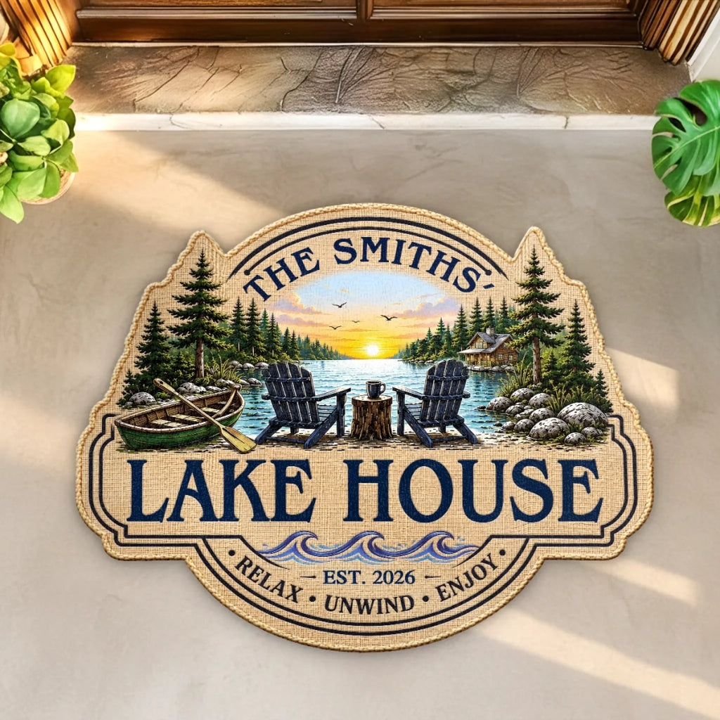 Custom Lake House Shaped Doormat - Personalized Summer Vacation And Travel Gifts For Mom, Dad, Brother, Sister - Home By The Lake