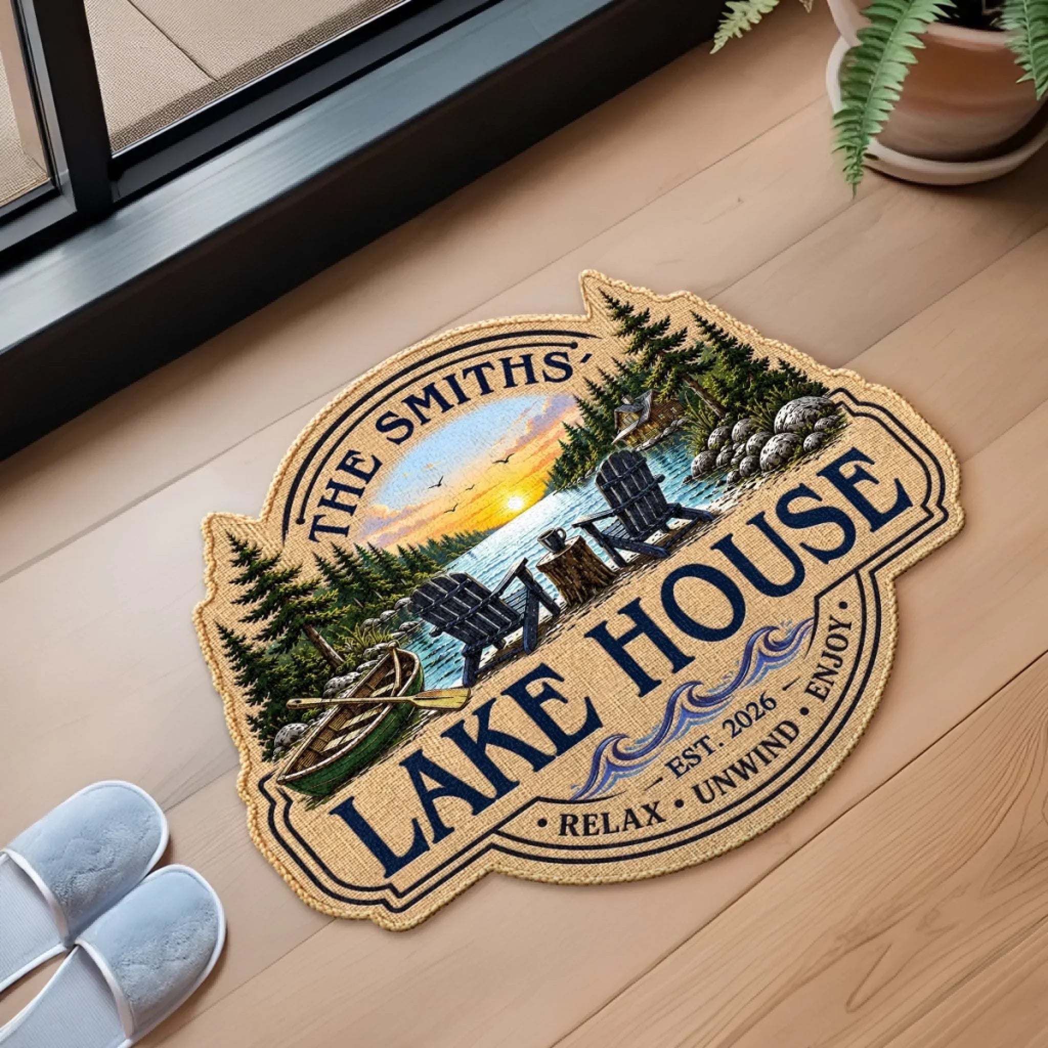 Custom Lake House Shaped Doormat - Personalized Summer Vacation And Travel Gifts For Mom, Dad, Brother, Sister - Home By The Lake