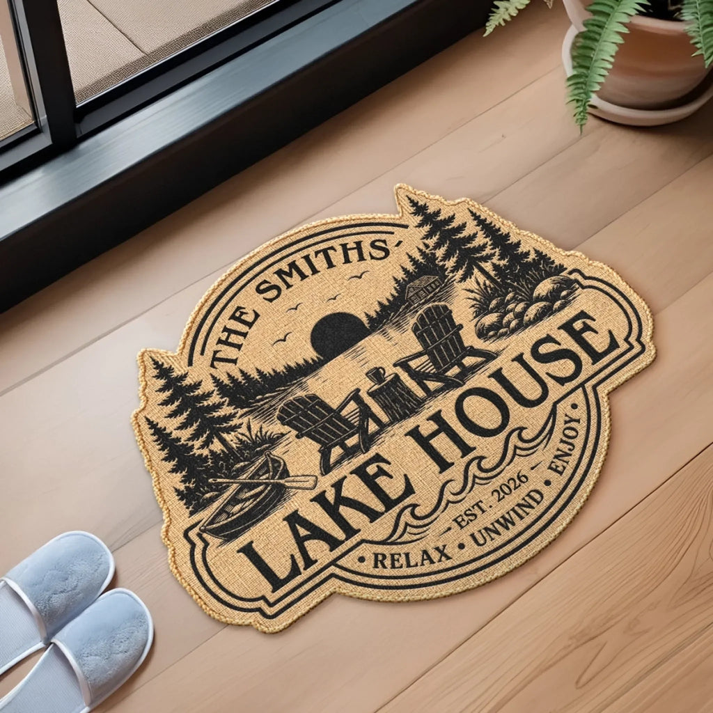 Custom Lake House Shaped Doormat - Personalized Summer Vacation And Travel Gifts For Mom, Dad, Brother, Sister - Peace Found Here