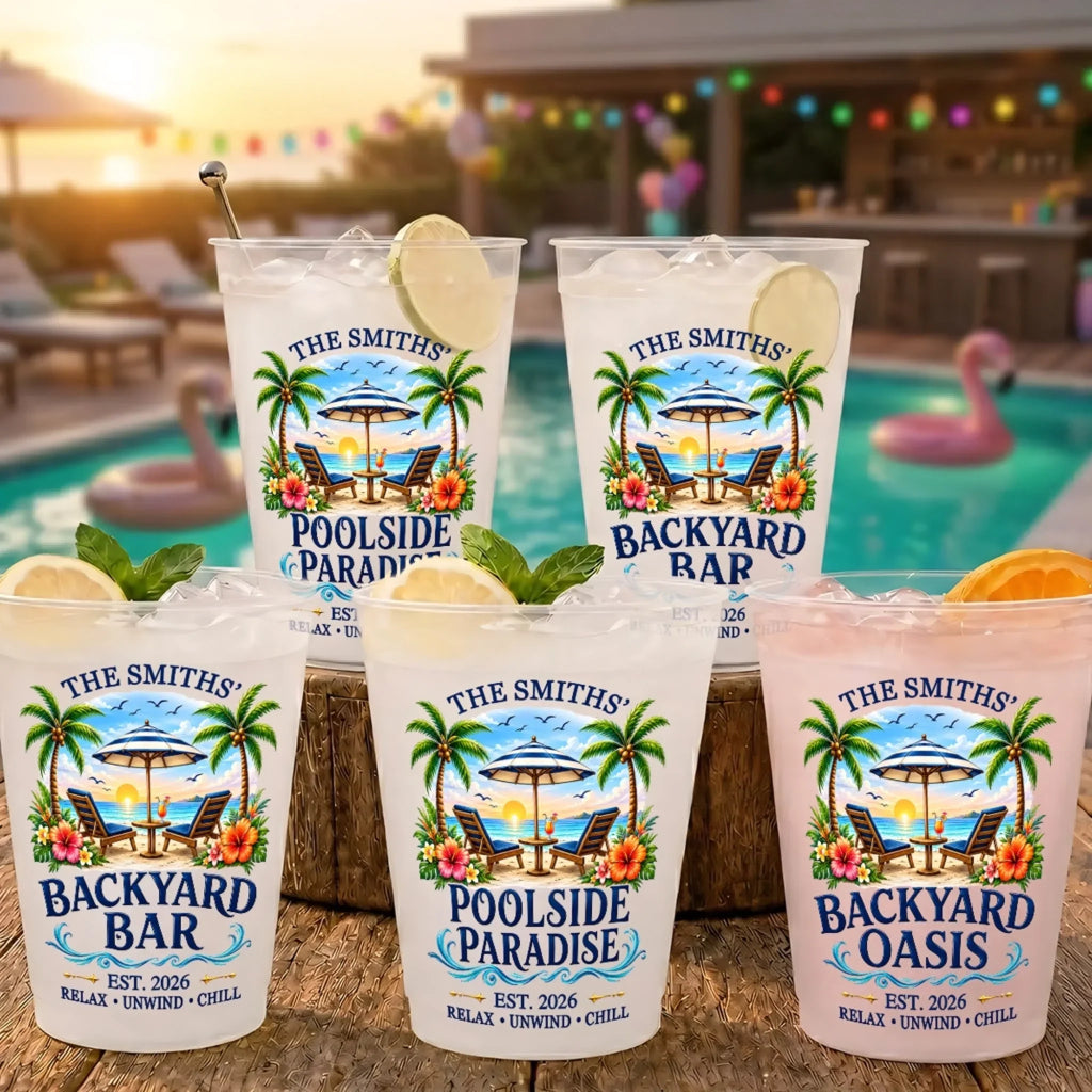 Custom Poolside Party Cups - Personalized Summer Vacation And Travel Gifts For Mom, Dad, Brother, Sister - Beachside Paradise