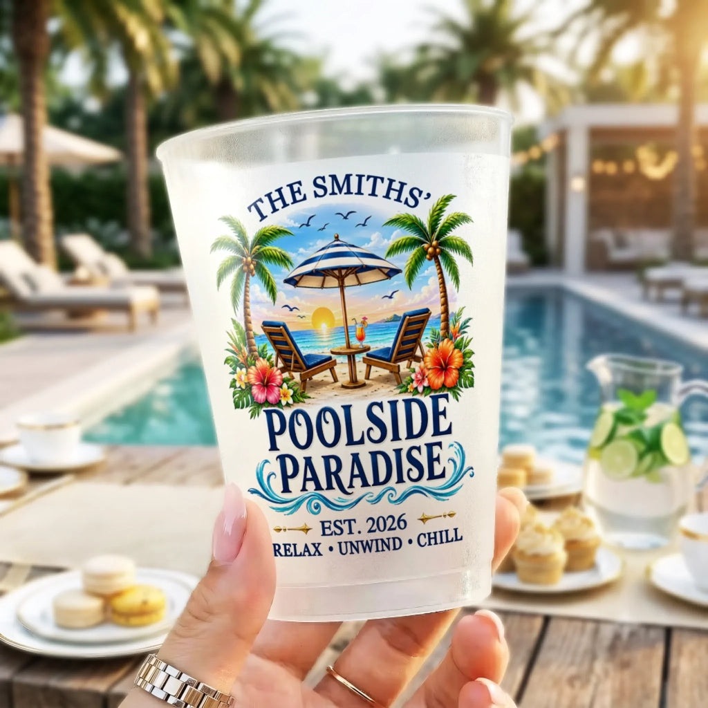 Custom Poolside Party Cups - Personalized Summer Vacation And Travel Gifts For Mom, Dad, Brother, Sister - Beachside Paradise
