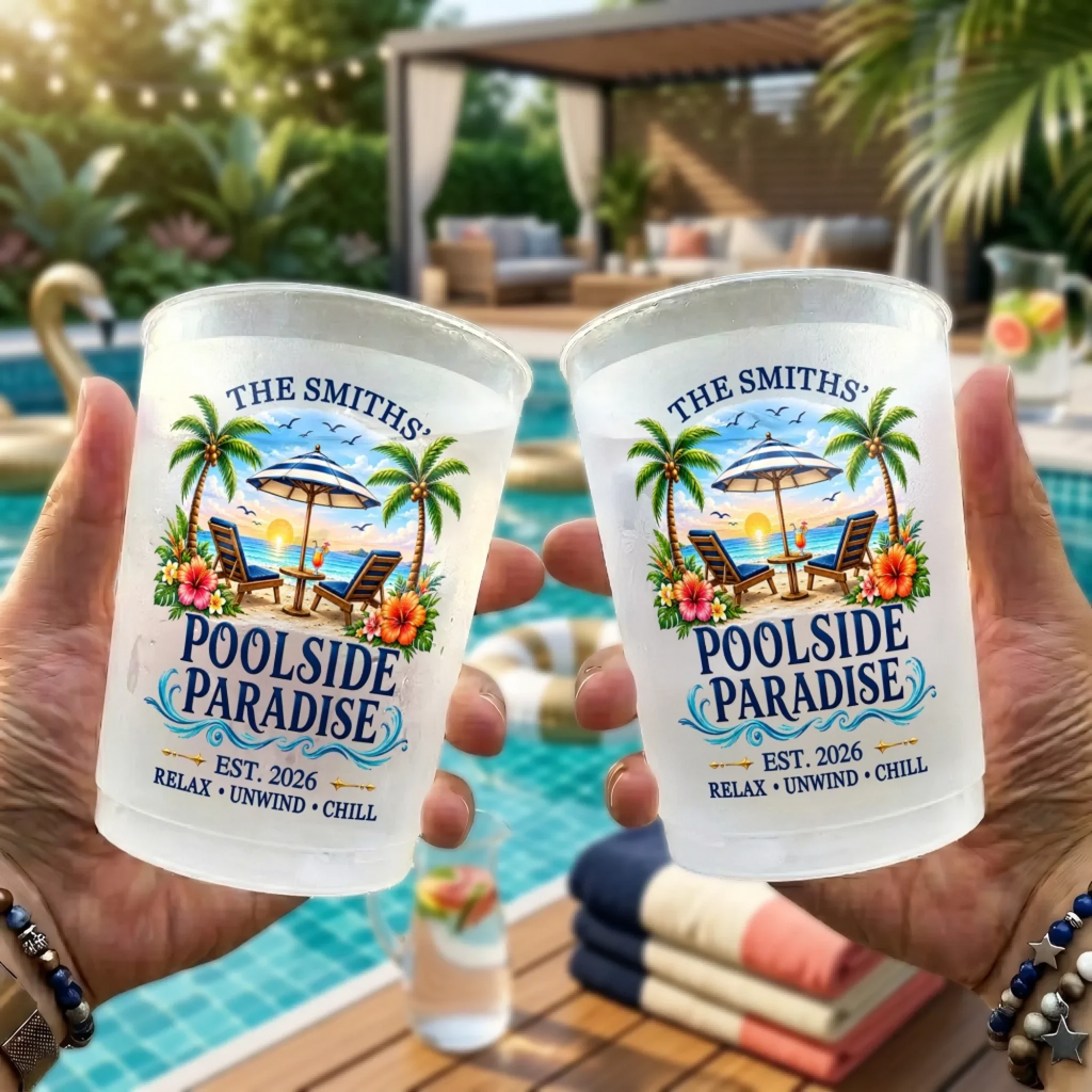 Custom Poolside Party Cups - Personalized Summer Vacation And Travel Gifts For Mom, Dad, Brother, Sister - Beachside Paradise