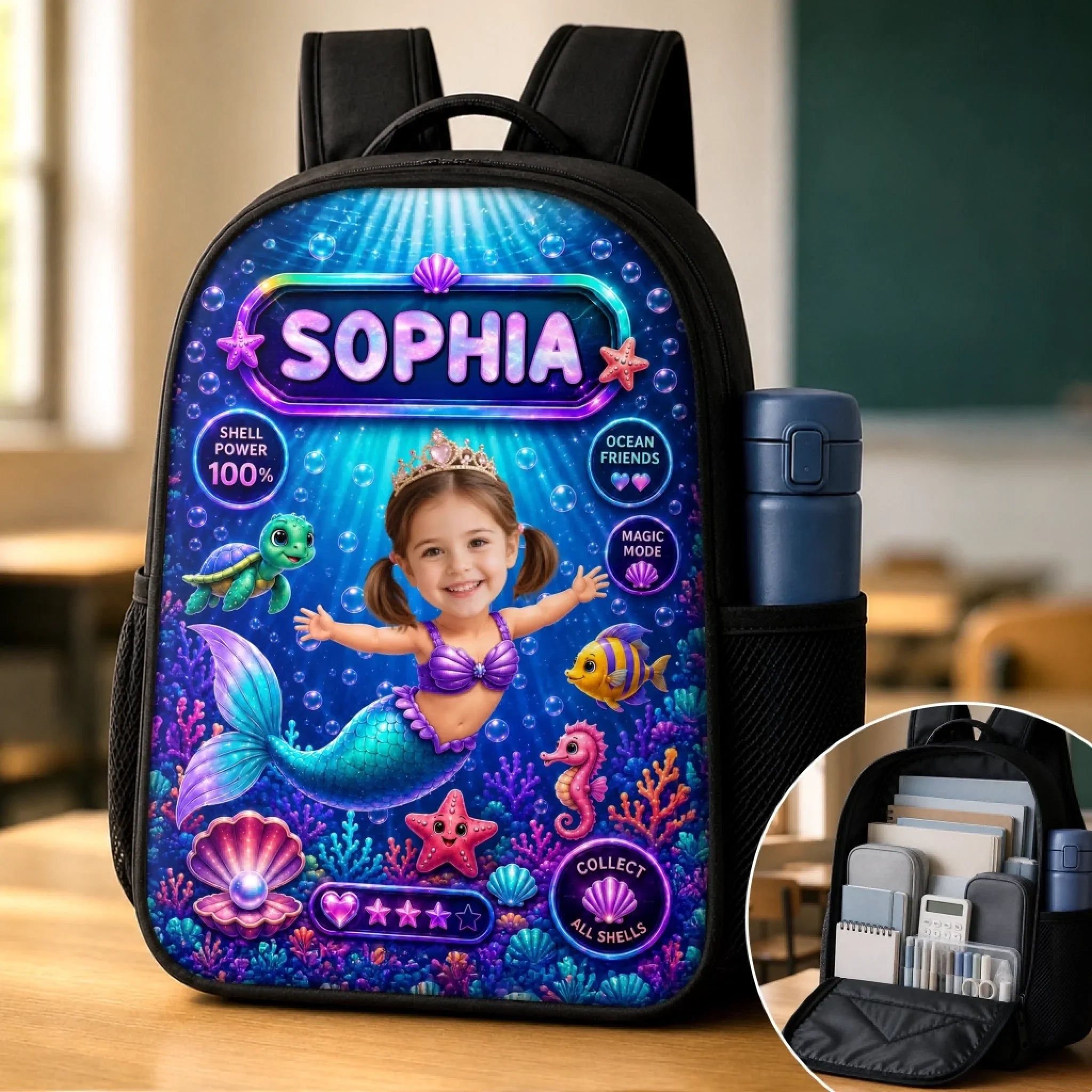 Custom Photo Kids Front Printed Backpack - Personalized Back To School Gifts For Kids - Little Mermaid With Big Dreams