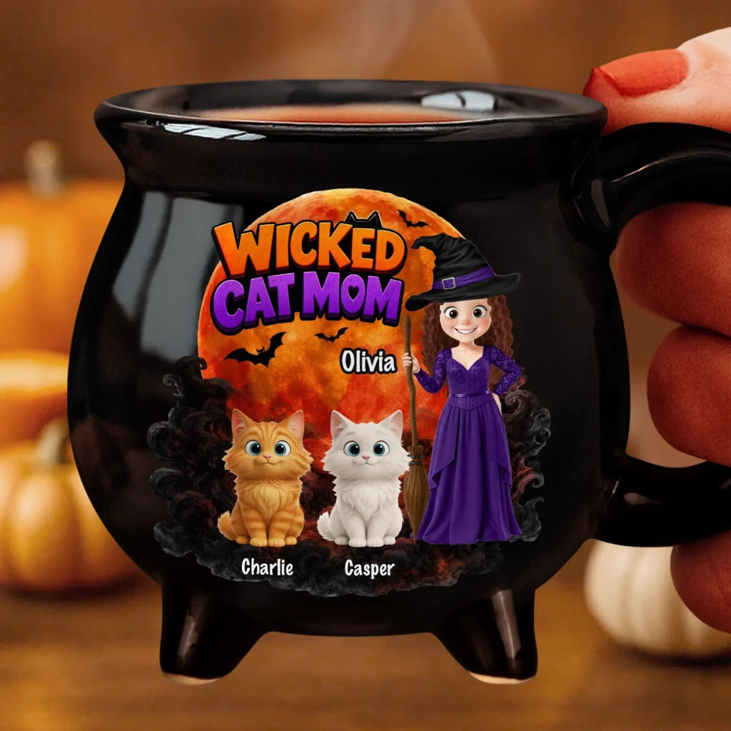 Custom 12oz Ceramic Cauldron Coffee Mug -  Personalized Halloween Witchy Gifts For Cat Lovers, Cat Mom And Dad - The Witching Hour With My Cats