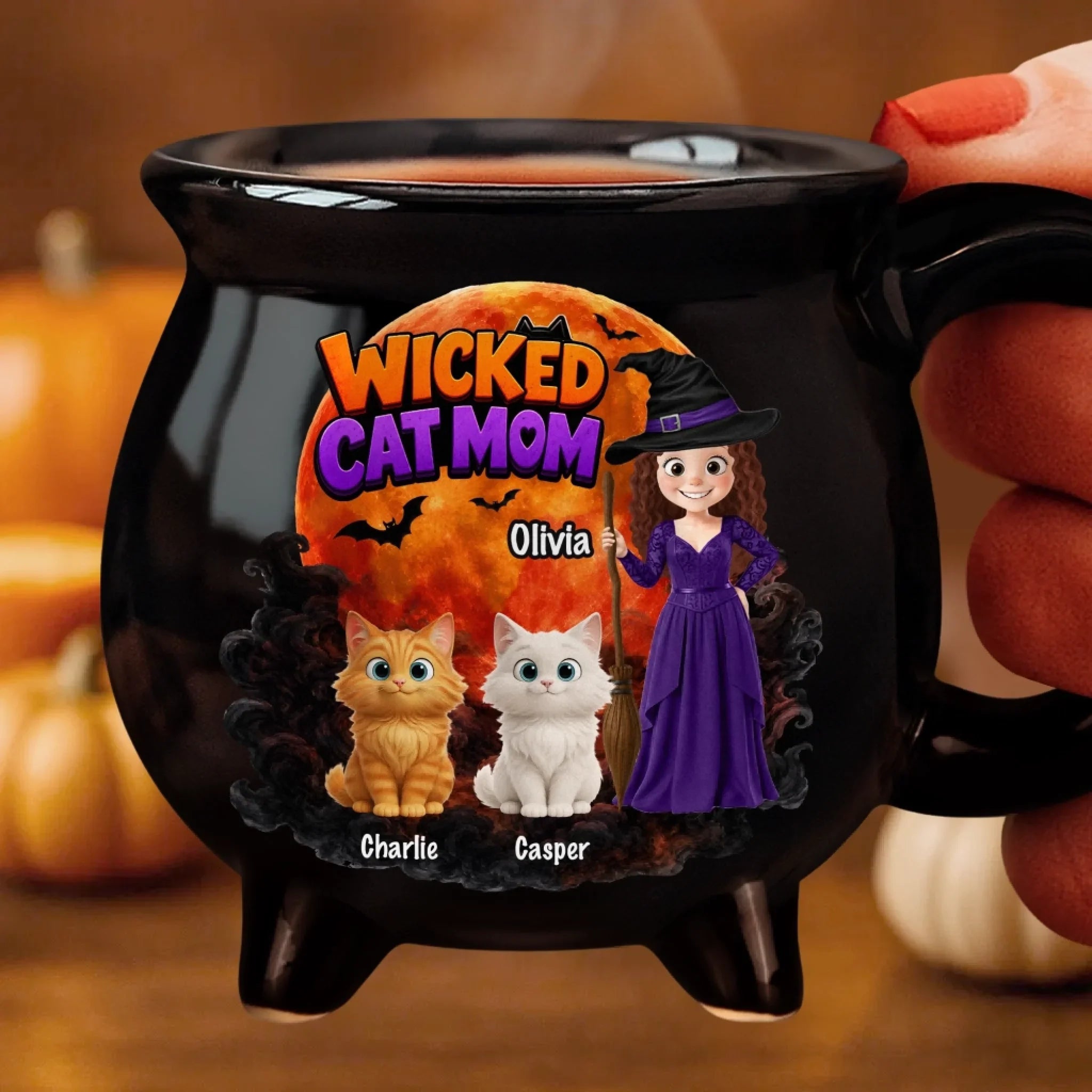 Custom 12oz Ceramic Cauldron Coffee Mug -  Personalized Halloween Witchy Gifts For Cat Lovers, Cat Mom And Dad - The Witching Hour With My Cats