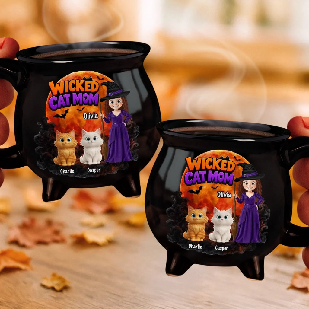 Custom 12oz Ceramic Cauldron Coffee Mug -  Personalized Halloween Witchy Gifts For Cat Lovers, Cat Mom And Dad - The Witching Hour With My Cats