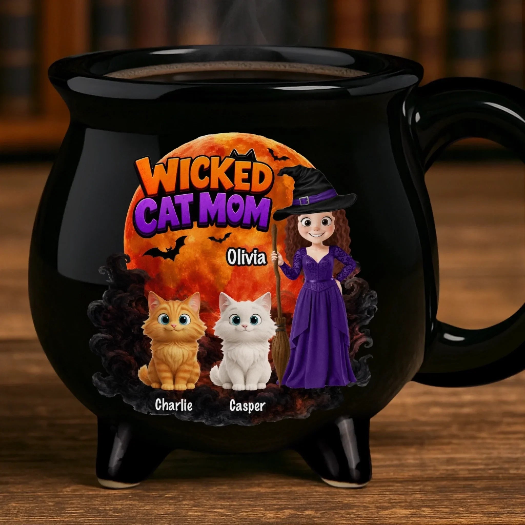 Custom 12oz Ceramic Cauldron Coffee Mug -  Personalized Halloween Witchy Gifts For Cat Lovers, Cat Mom And Dad - The Witching Hour With My Cats
