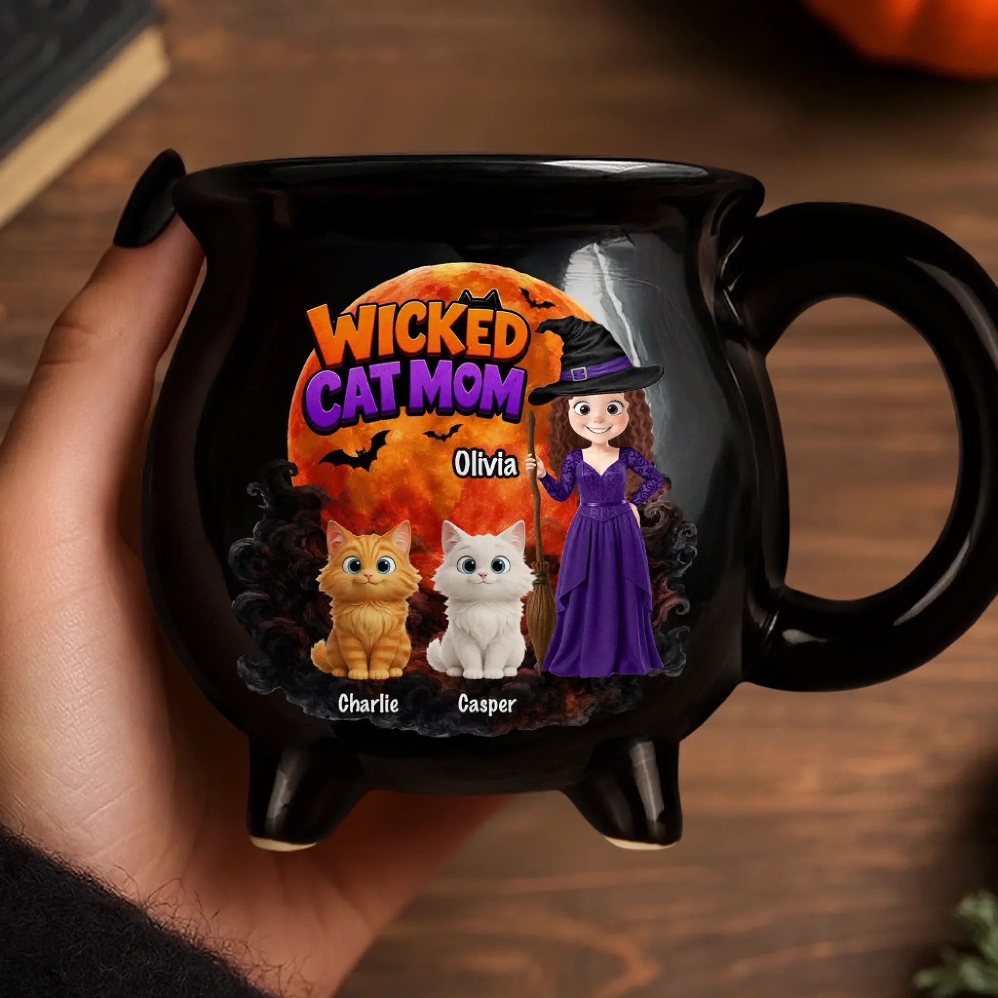 Custom 12oz Ceramic Cauldron Coffee Mug -  Personalized Halloween Witchy Gifts For Cat Lovers, Cat Mom And Dad - The Witching Hour With My Cats