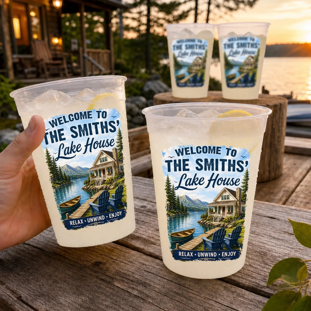 Custom Lake House Party Cups - Personalized Summer Vacation And Travel Gifts For Mom, Dad, Brother, Sister - Welcome To Our Lakeside Haven
