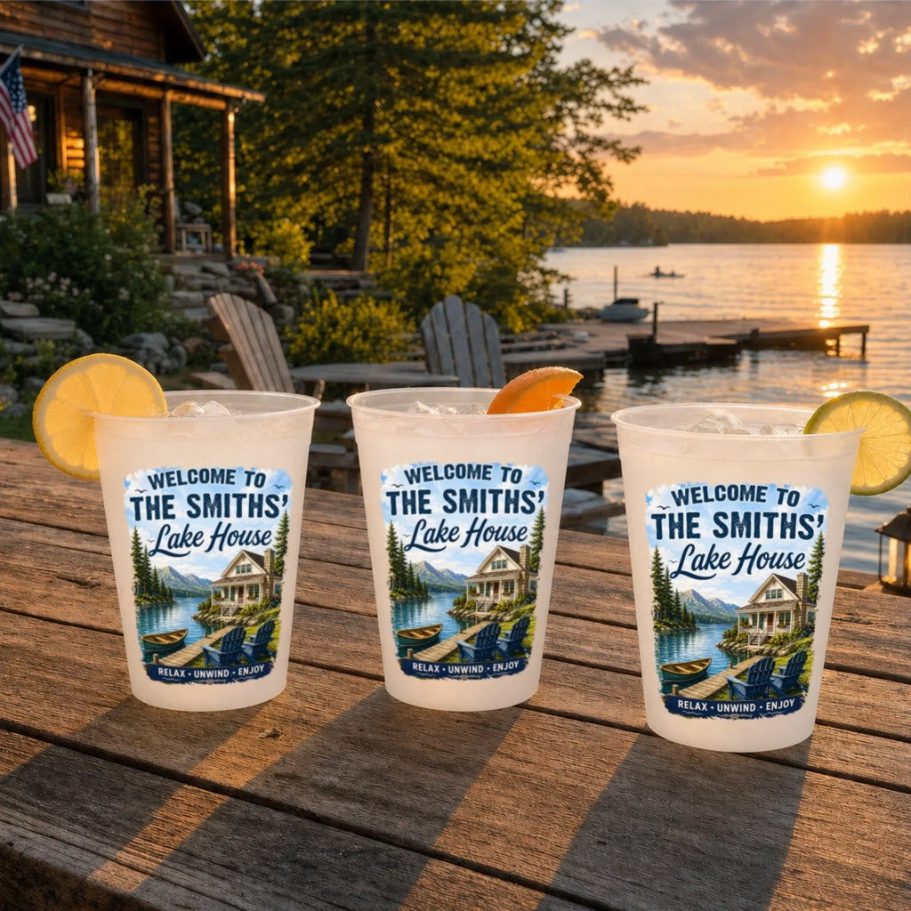 Custom Lake House Party Cups - Personalized Summer Vacation And Travel Gifts For Mom, Dad, Brother, Sister - Welcome To Our Lakeside Haven