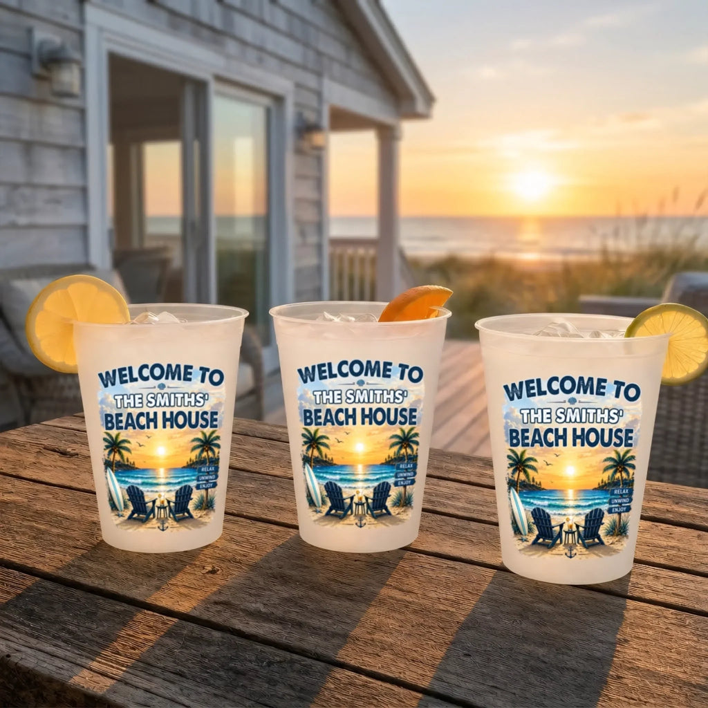 Custom Beach House Party Cups - Personalized Summer Vacation And Travel Gifts For Mom, Dad, Brother, Sister - Make Summer Memories