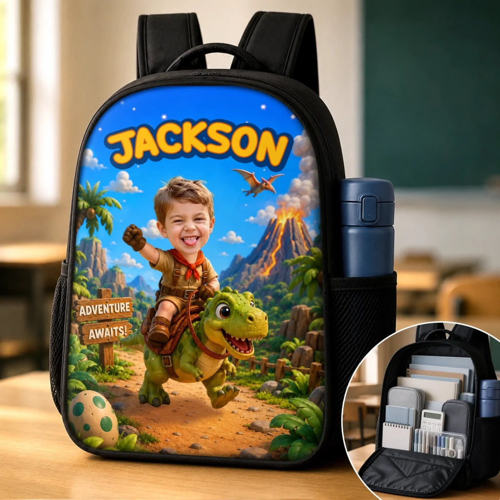 Custom Photo Kids Front Printed Backpack - Personalized Back To School Gifts For Kids - Chasing Dreams And Dinosaurs