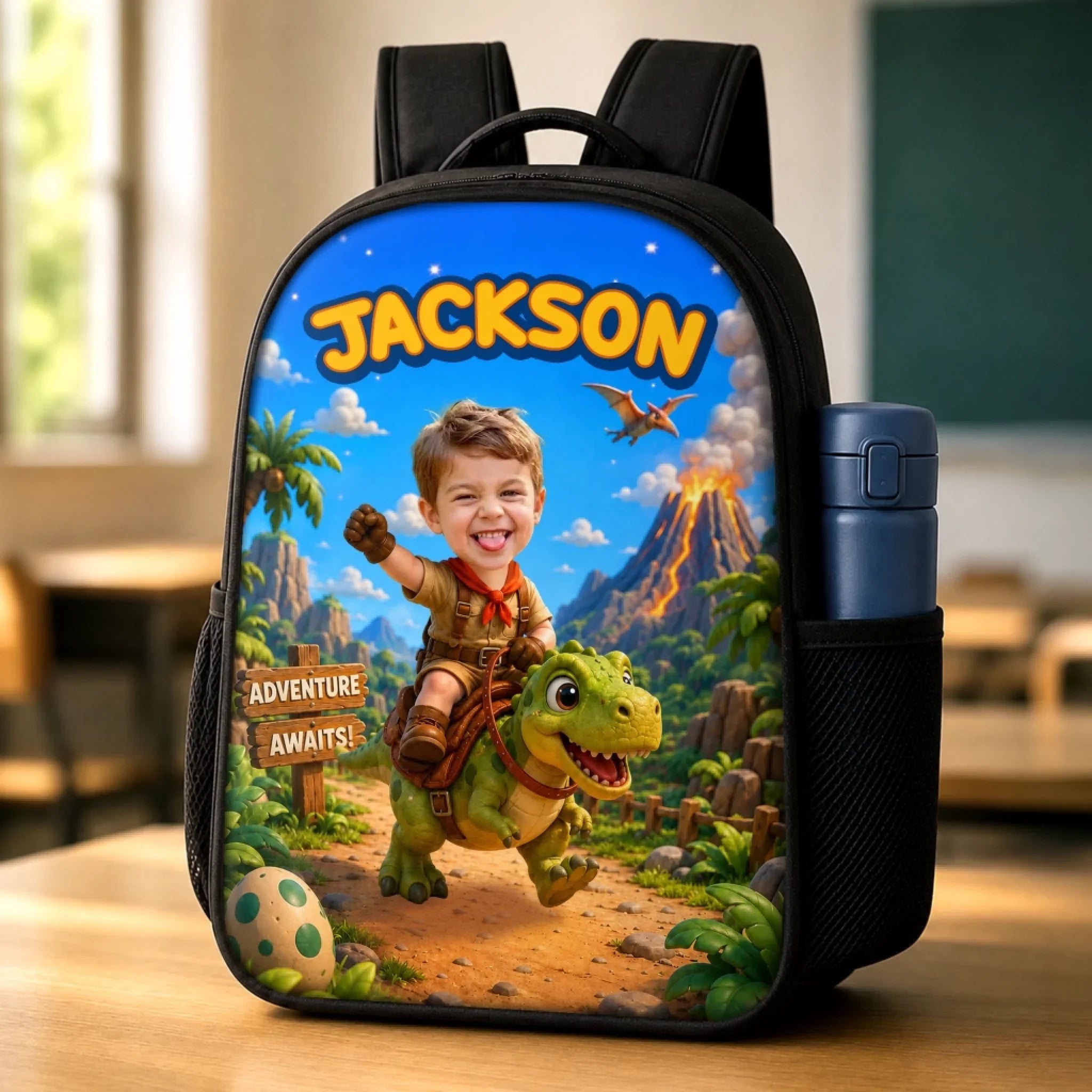 Custom Photo Kids Front Printed Backpack - Personalized Back To School Gifts For Kids - Chasing Dreams And Dinosaurs