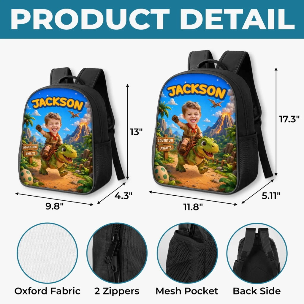 Custom Photo Kids Front Printed Backpack - Personalized Back To School Gifts For Kids - Chasing Dreams And Dinosaurs