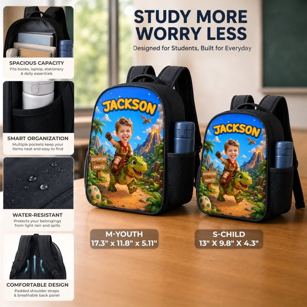 Custom Photo Kids Front Printed Backpack - Personalized Back To School Gifts For Kids - Chasing Dreams And Dinosaurs