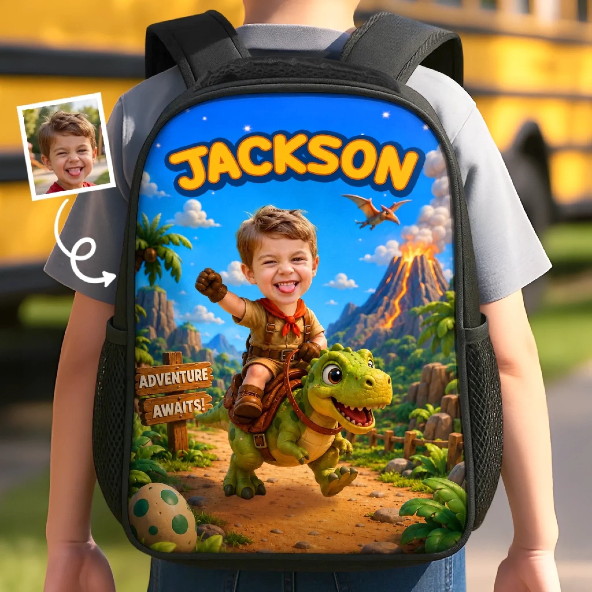 Custom Photo Kids Front Printed Backpack - Personalized Back To School Gifts For Kids - Chasing Dreams And Dinosaurs