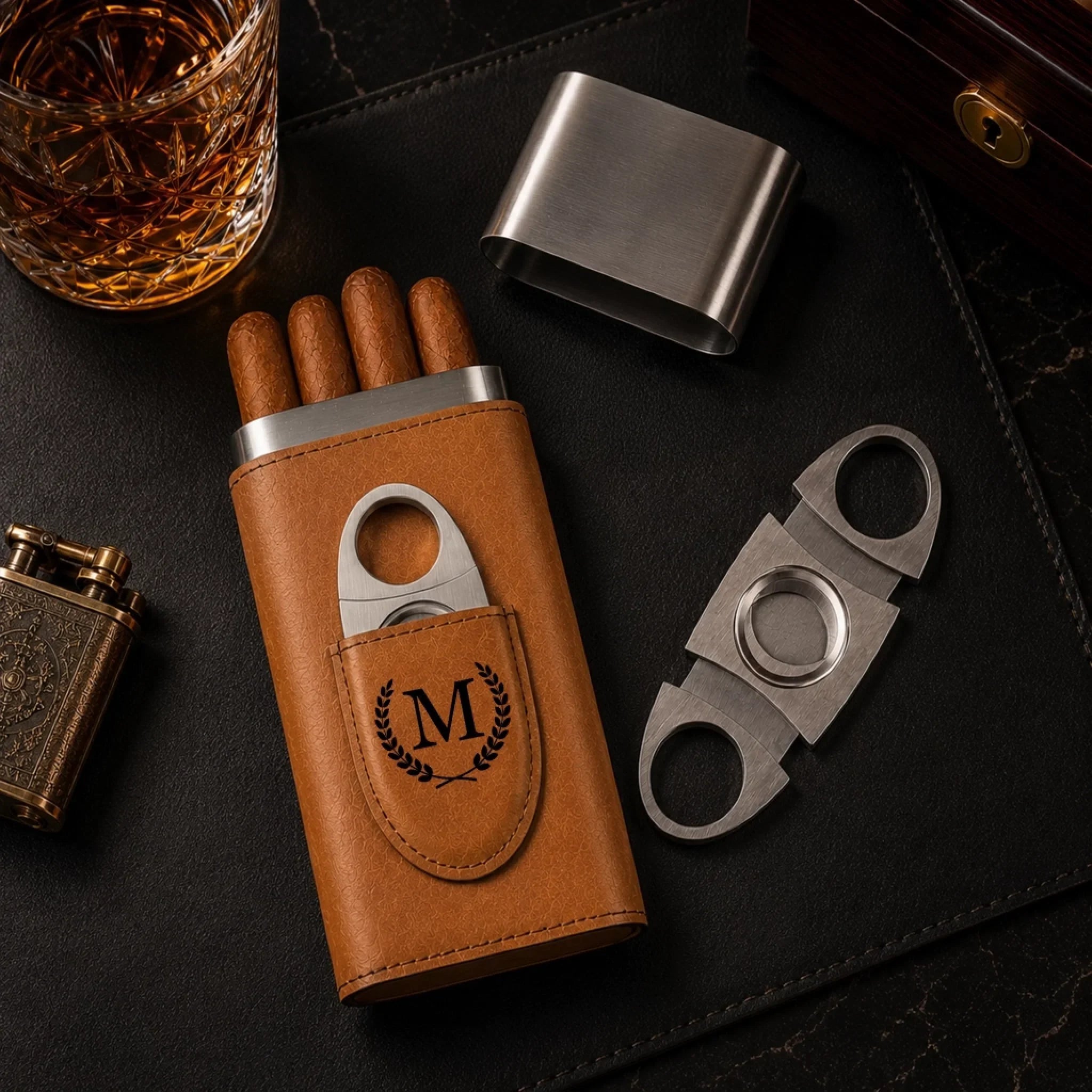 Custom Leather Case With Cutter - Personalized Birthday Gifts For Husband, Son, Grandson, Brother, Grandpa, Dad, Yourself - Backyard State Of Mind