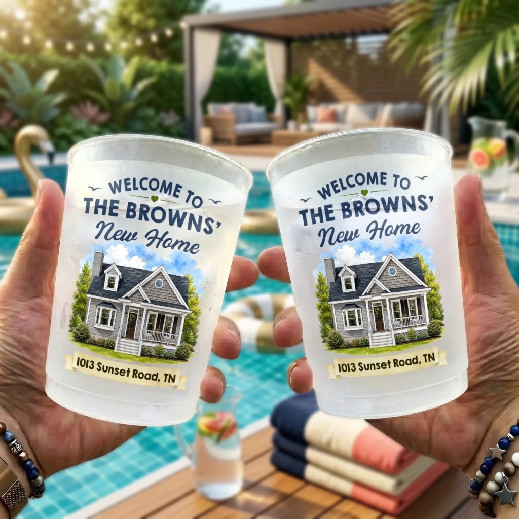 Custom Photo New Home Party Cups - Personalized Summer Vacation And Travel Gifts For Mom, Dad, Brother, Sister - Cheers To New Memories