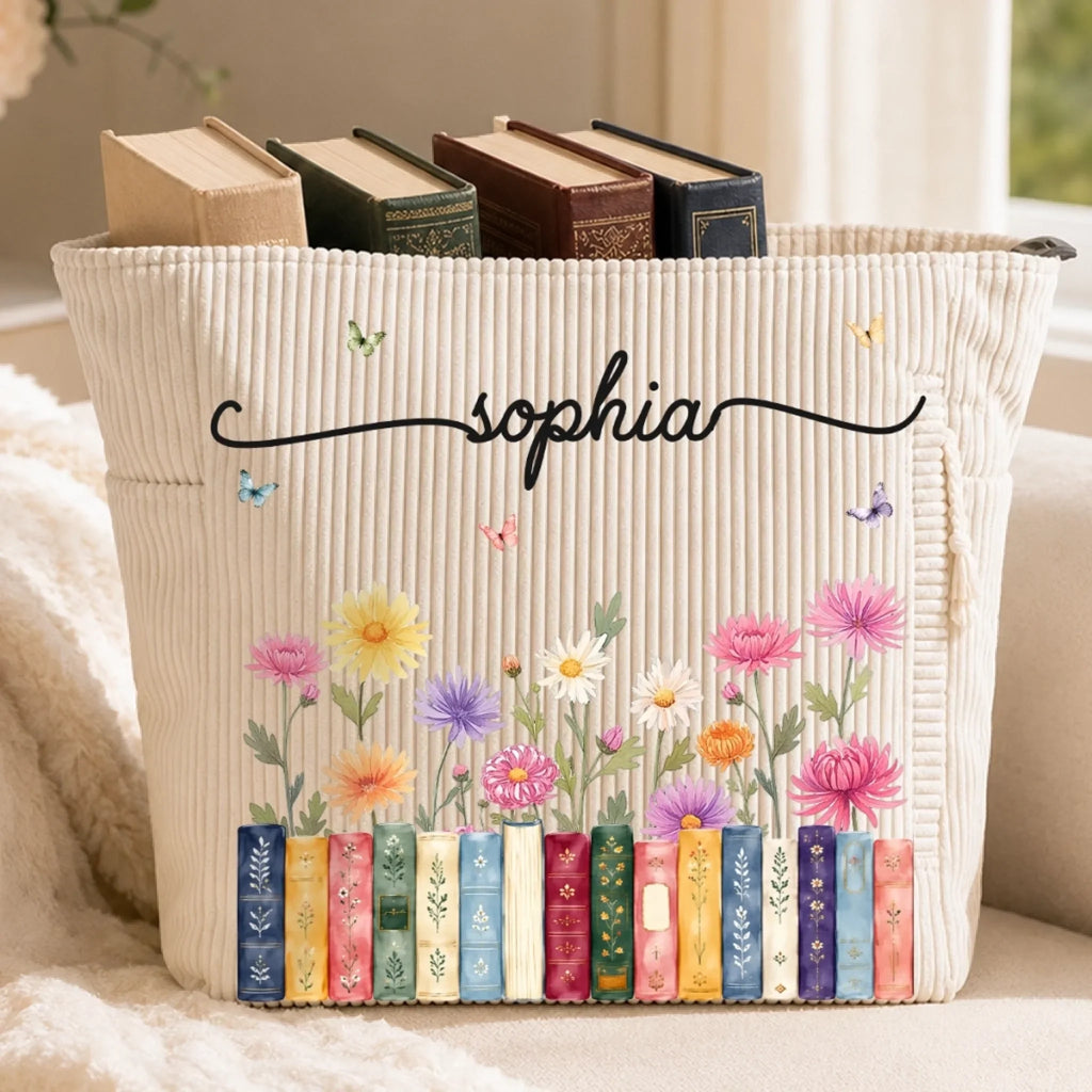 Custom Corduroy Tote Bag - Personalized Bookish Gifts For Book Lovers, Bookworms, Readers - Stories In Full Bloom