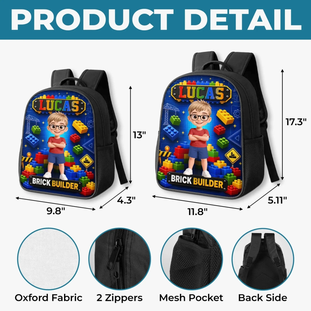 Custom Kids Front Printed Backpack - Personalized Back To School Gifts For Kids - Brick Builder