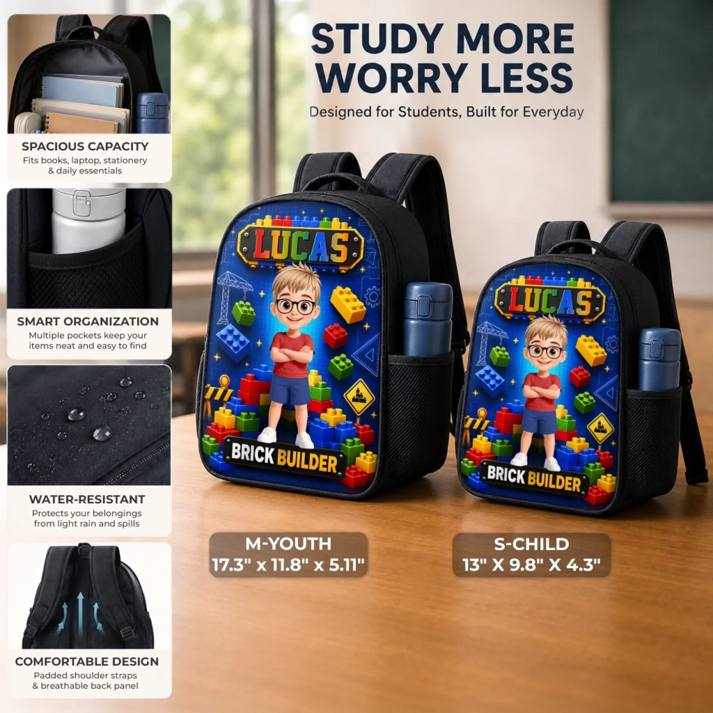 Custom Kids Front Printed Backpack - Personalized Back To School Gifts For Kids - Brick Builder