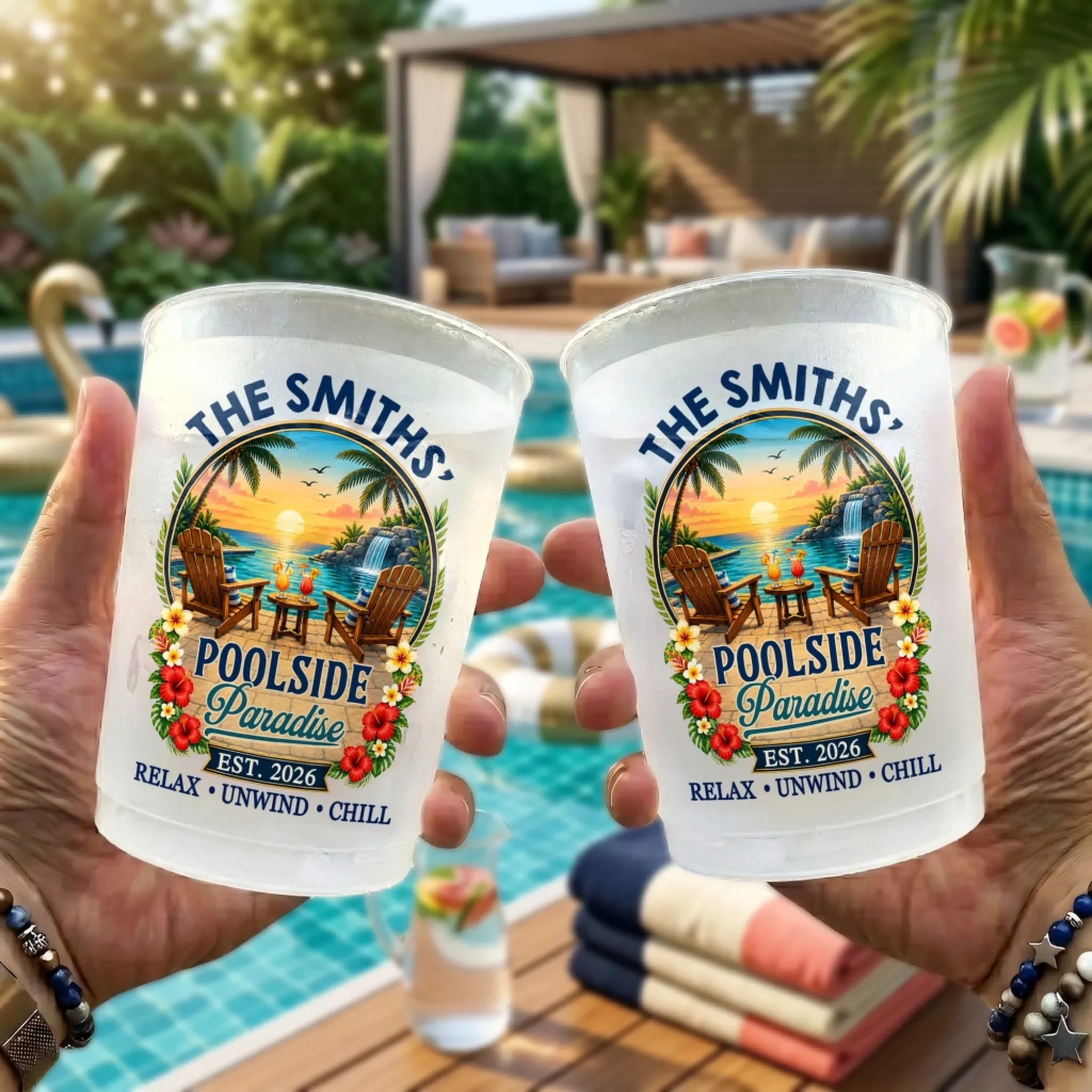 Custom Poolside Party Cups - Personalized Summer Vacation And Travel Gifts For Mom, Dad, Brother, Sister - Good Times Splashing